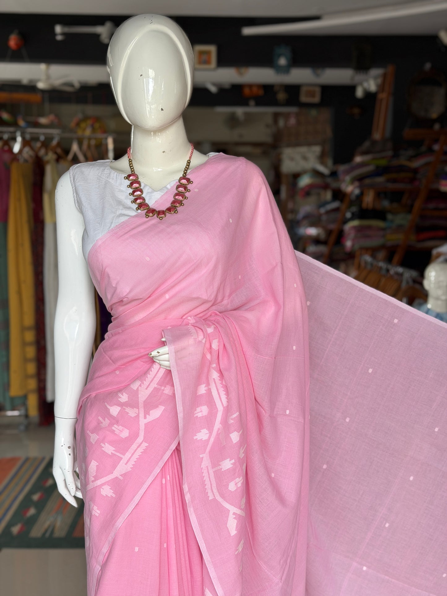 Light pink Jamdani soft cotton handloom fabric with white border