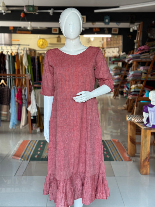 Maroon fine stripes hand woven, cotton dress with gathers at hem