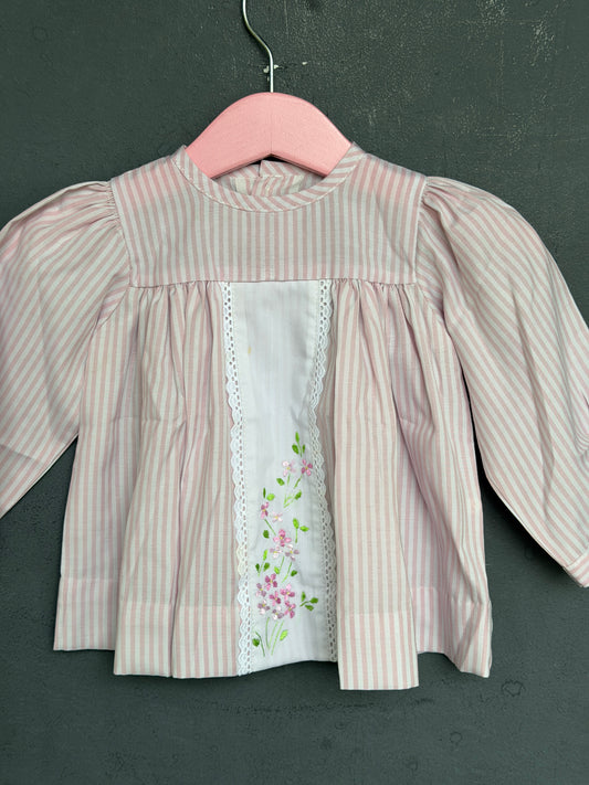 Light pink stripes cotton frock for girls with white embroidered center panel