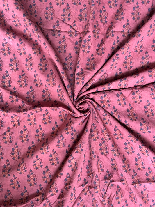Ajrakh hand block printed pink cotton fabric - small floral butis