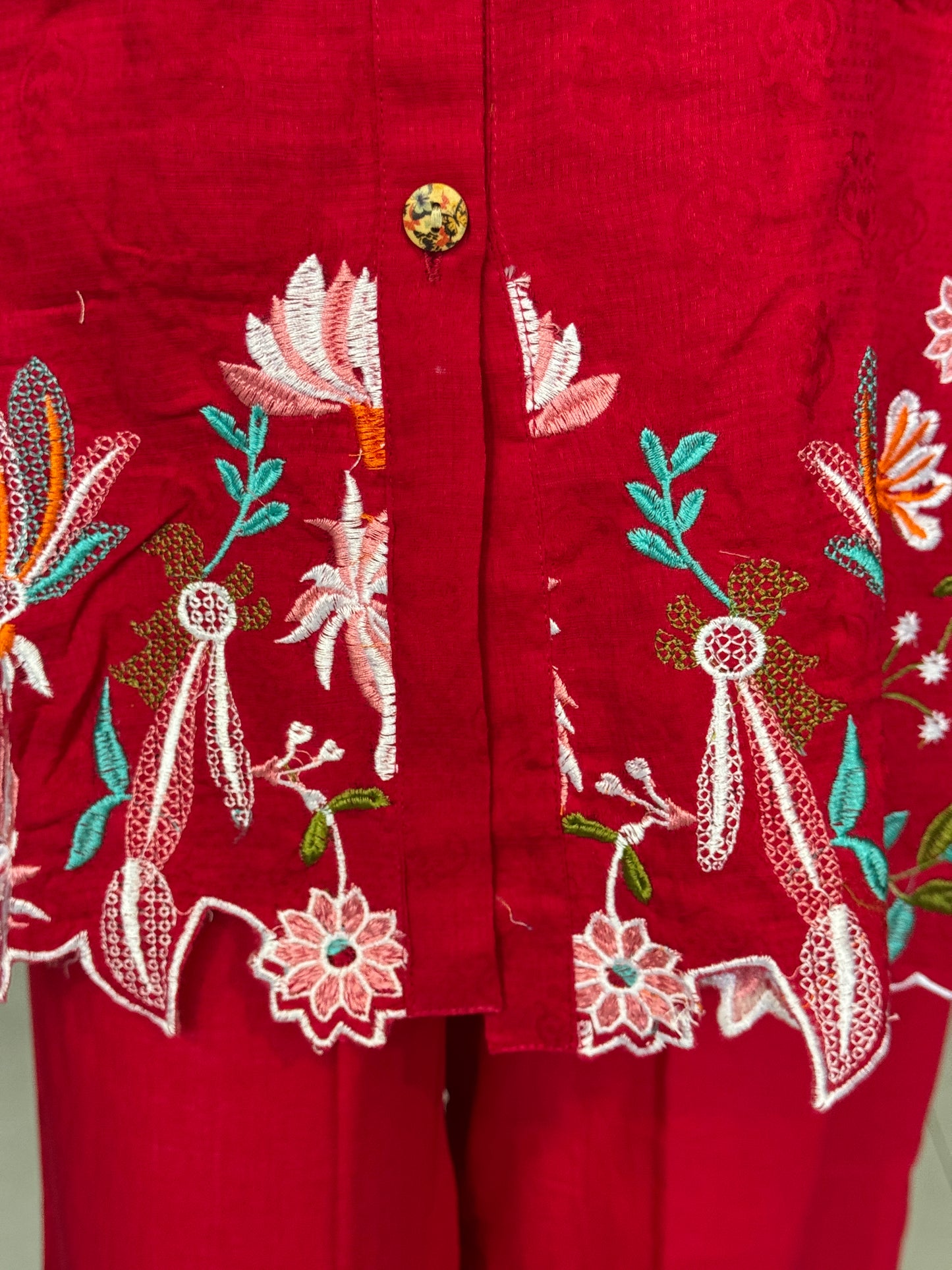 Pinkish red collared jacquard cotton embroidered top with long sleeves and pants - coord set
