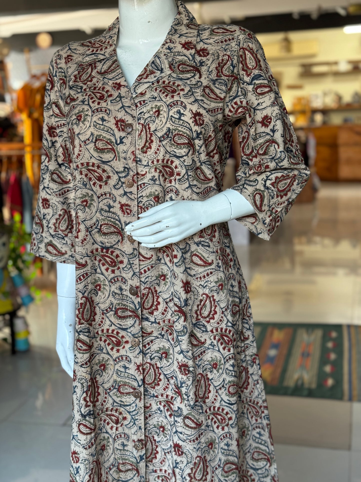 Kalamkari hand block printed collared dress -  Freedom fabric kurti - Hand spun, hand woven, hand block printed cotton
