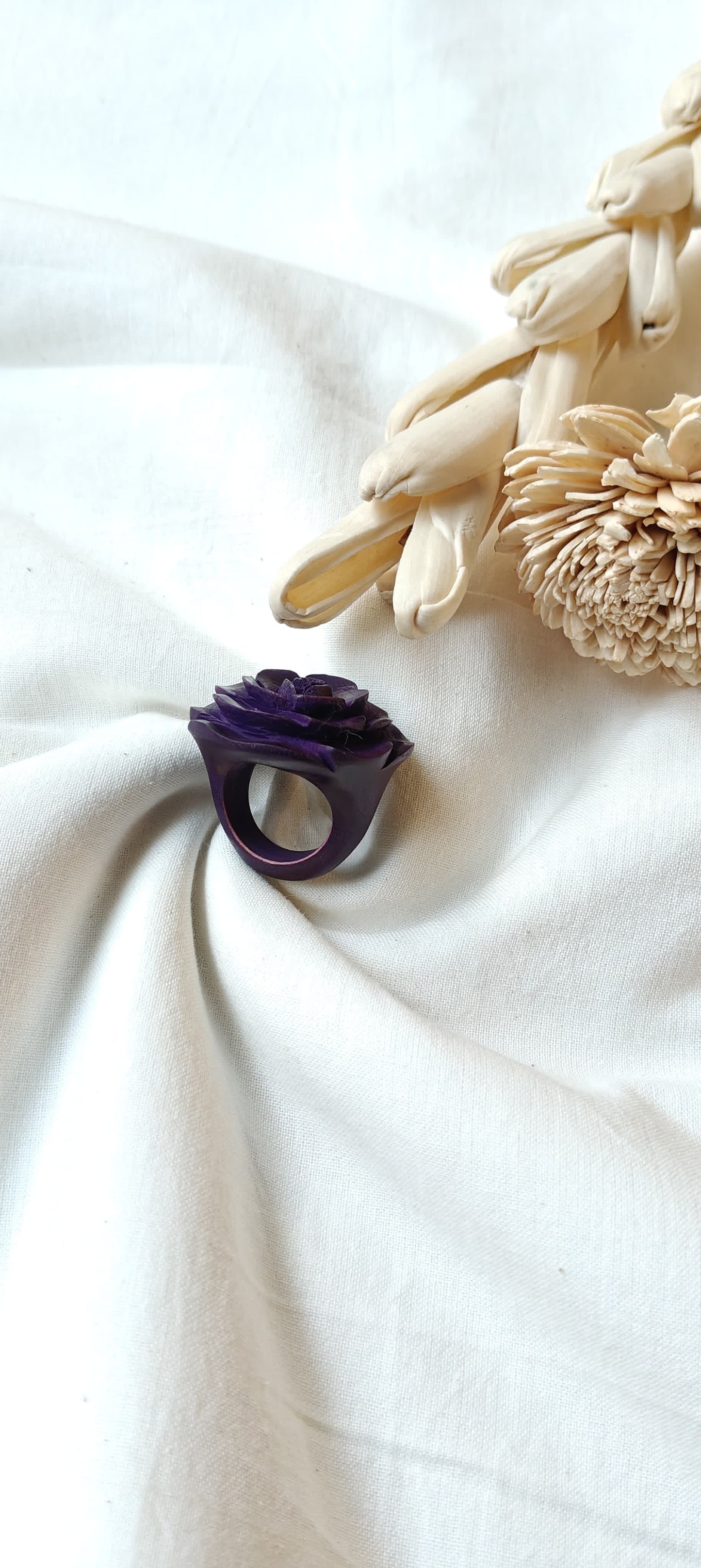 Rose hand carved finger ring in yellow wood - color options available