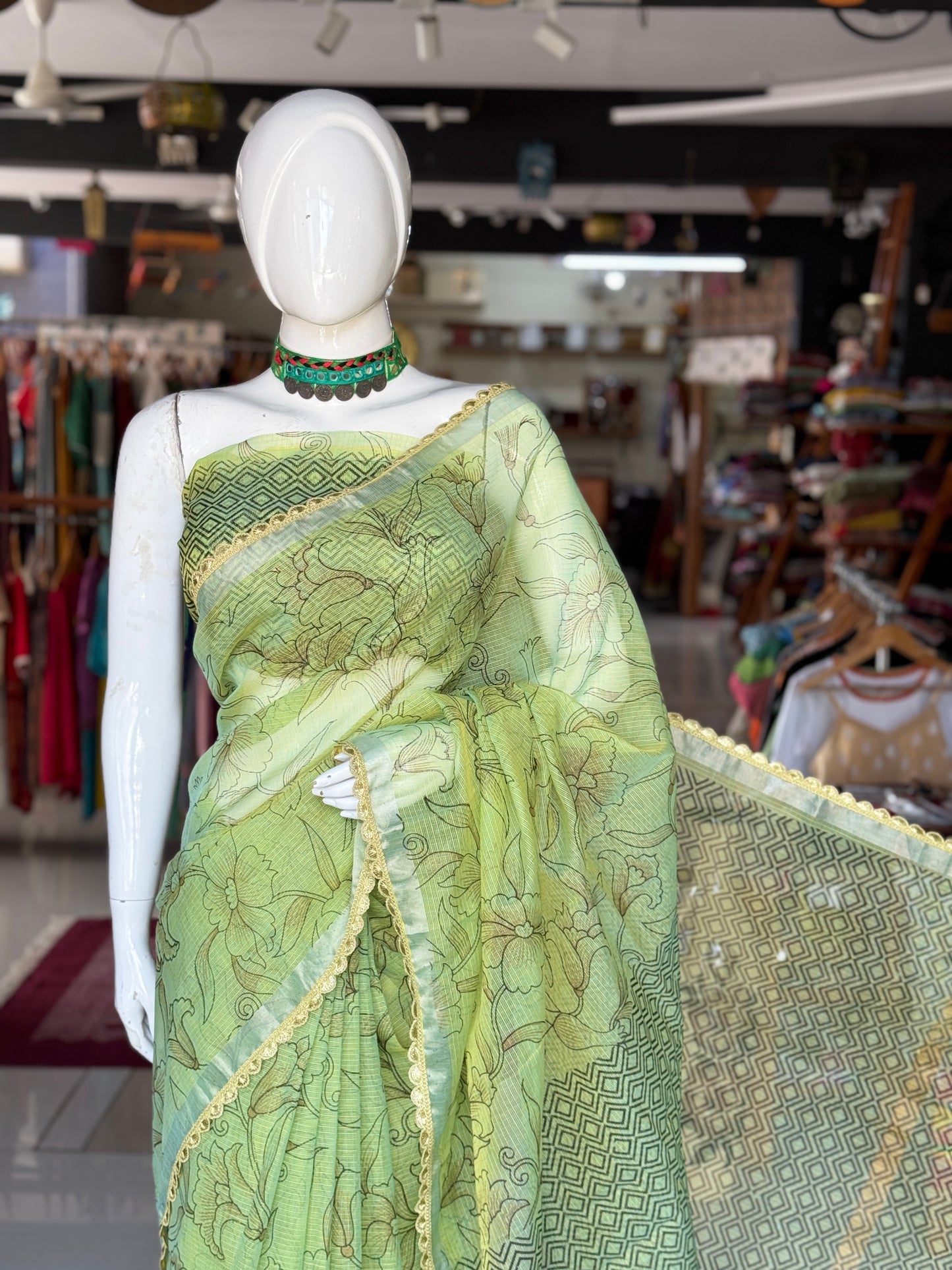 Green handcrafted choker neckpiece with mirrors embroidery and oxidized silver coins