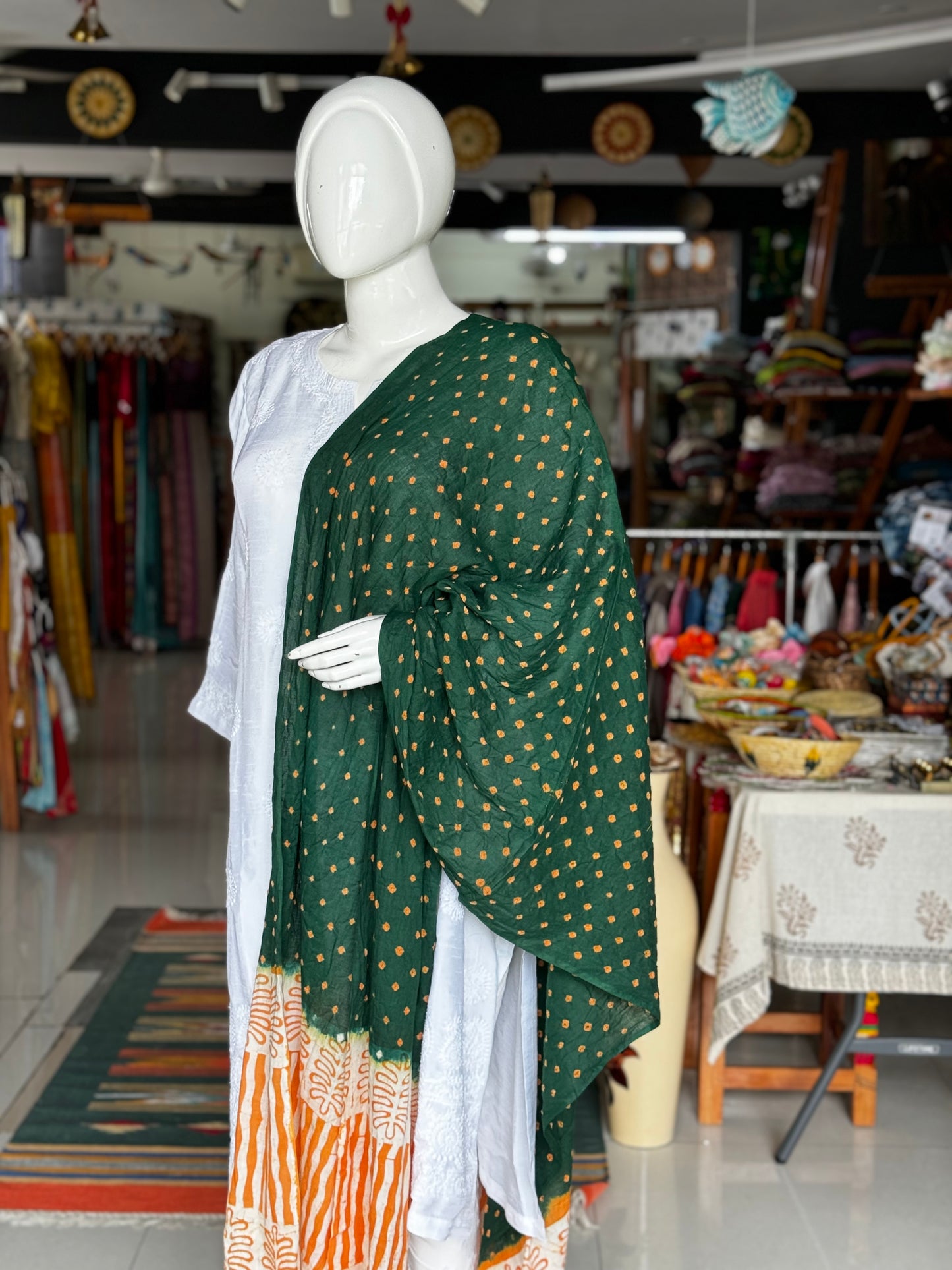 Green soft cotton bandini tie n dye dupatta with orange batik palla