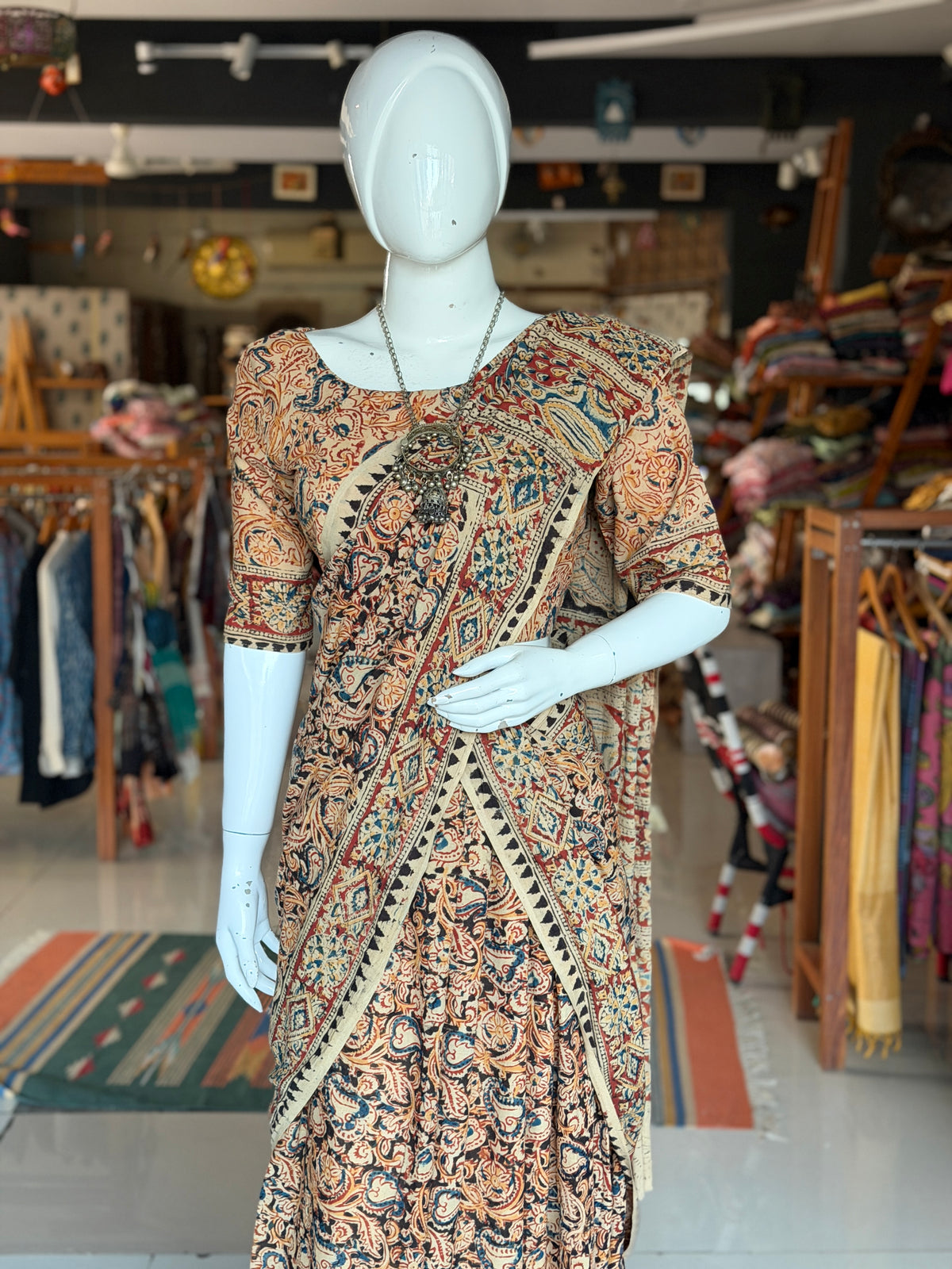 Langa voni - half saree - Kalamkari hand block printed cotton long skirt / lehenga / langa with cotton blouse - 2 piece set