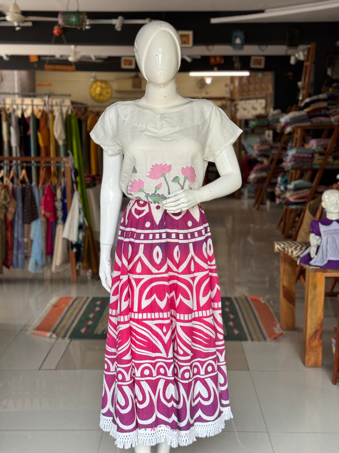 Pink purple flared umbrella skirt with lace - free  size