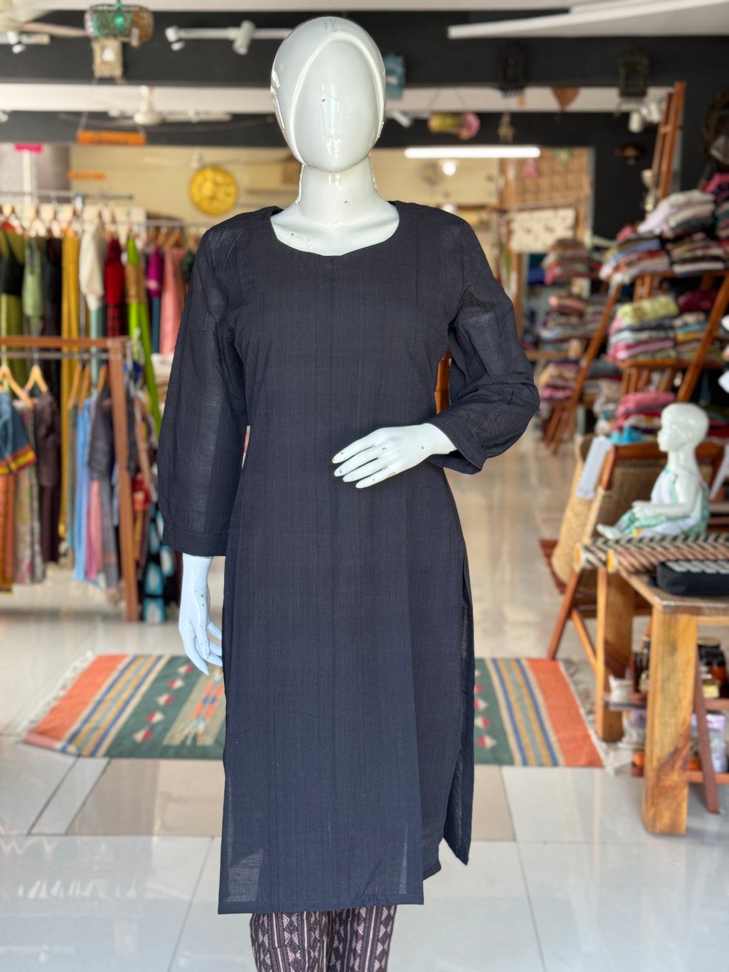 Understated elegance - Ajrakh natural dyed, hand block printed cotton dupatta n pants with handwoven plain mangalagiri cotton kurta - 3 piece suit set