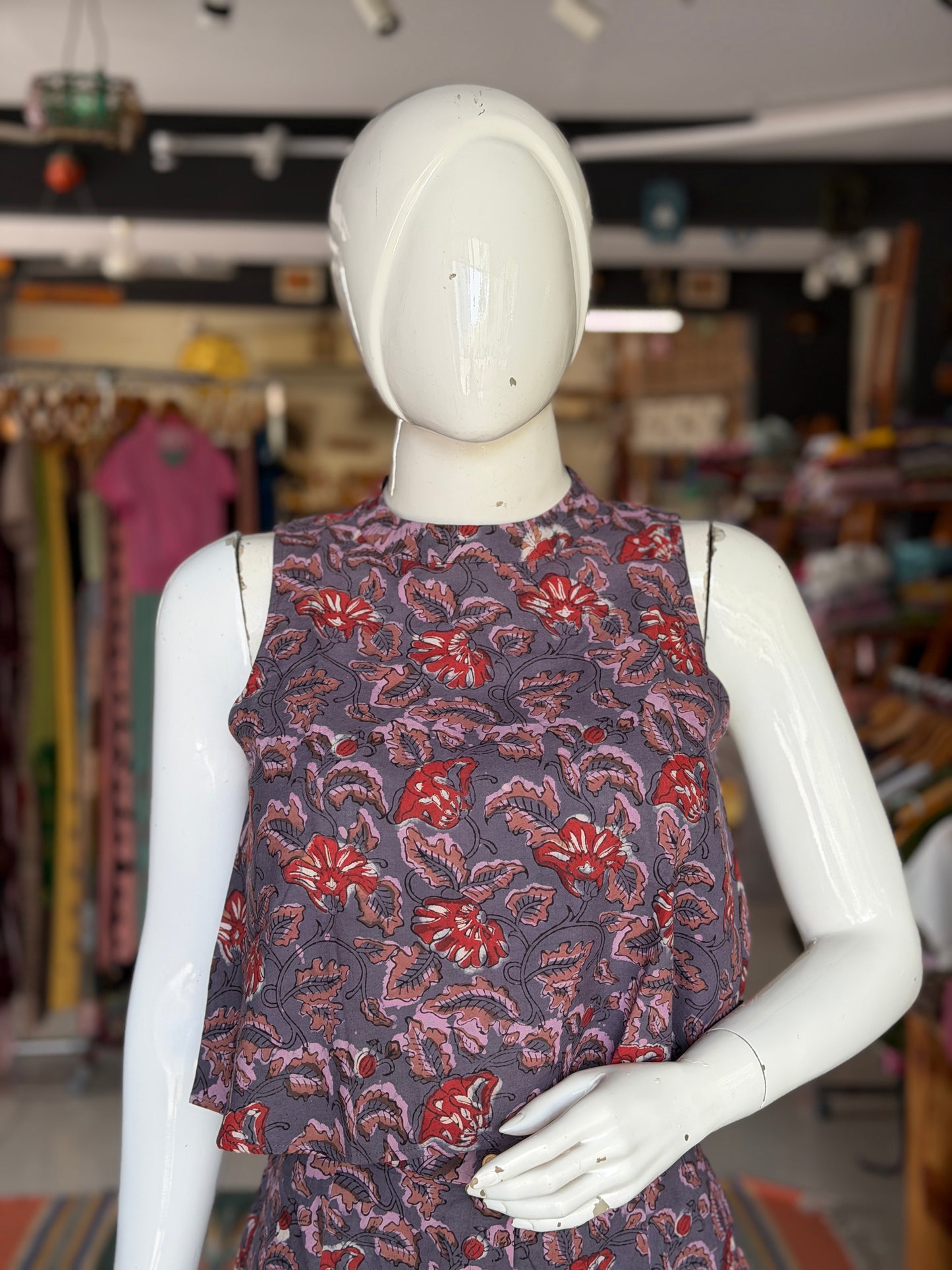 Purple floral hand block printed cotton coord set with sleeveless crop top and skirt with front buttons detailing