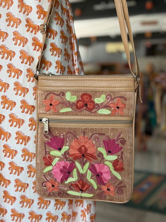 Sling bag with Kashmiri floral Aari embroidery - 3 zippers, adjustable length-  color options available