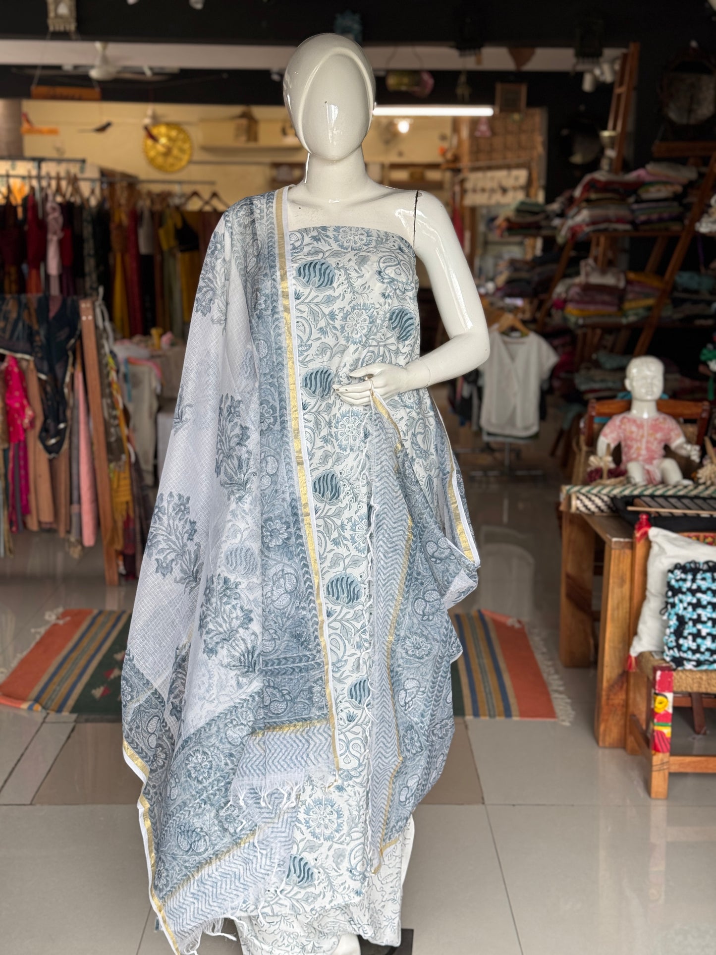 White n blue hand block printed cotton 3 piece unstitched suit set with kota doria dupatta