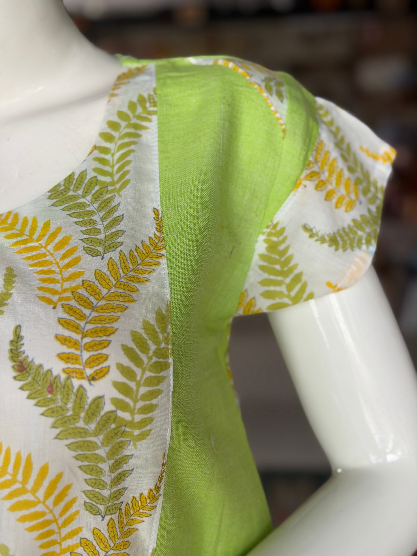 White and green hand block printed cotton top with lime green handloom cotton patches