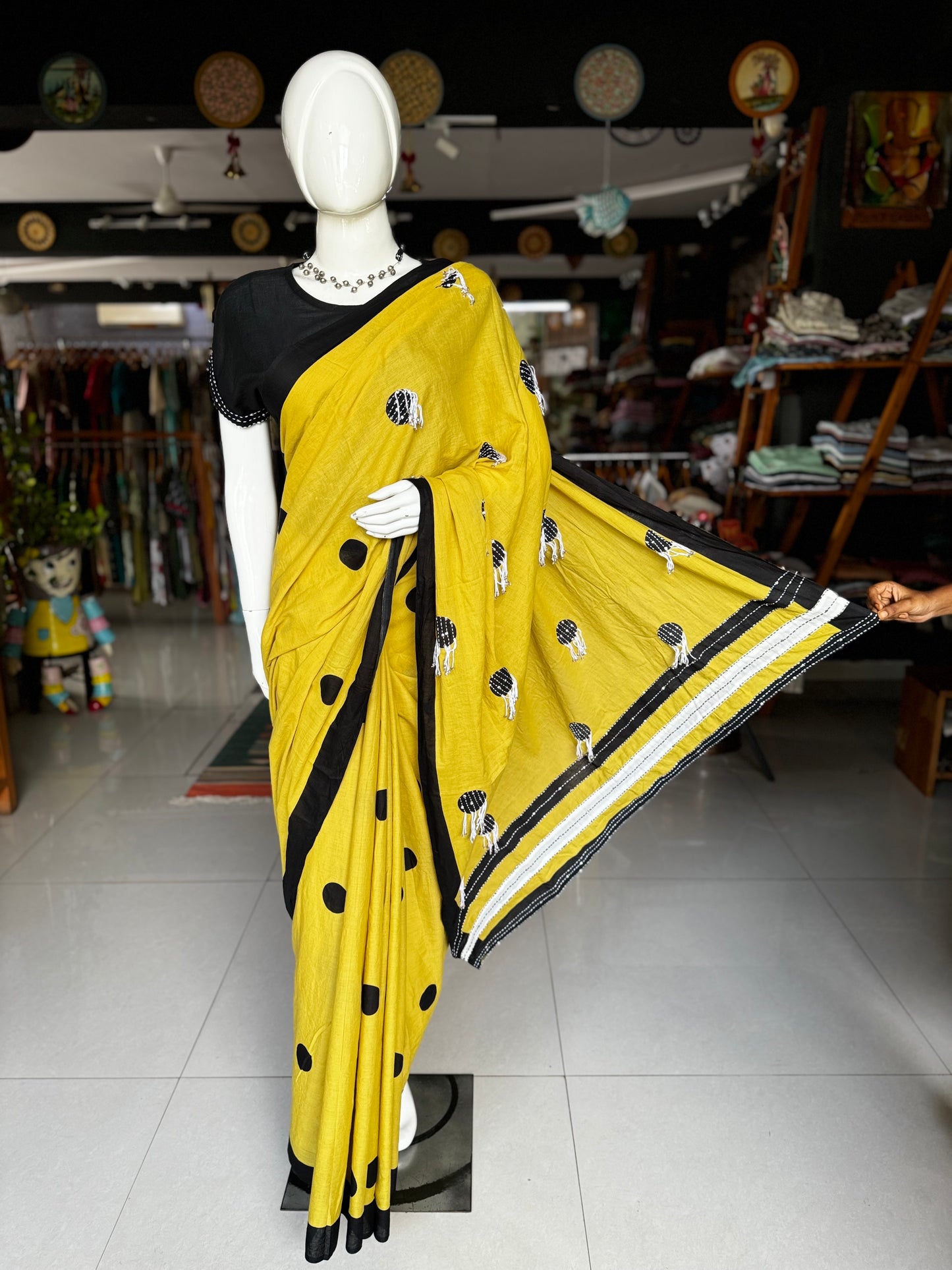 Yellow hand embroidered designer soft cotton saree