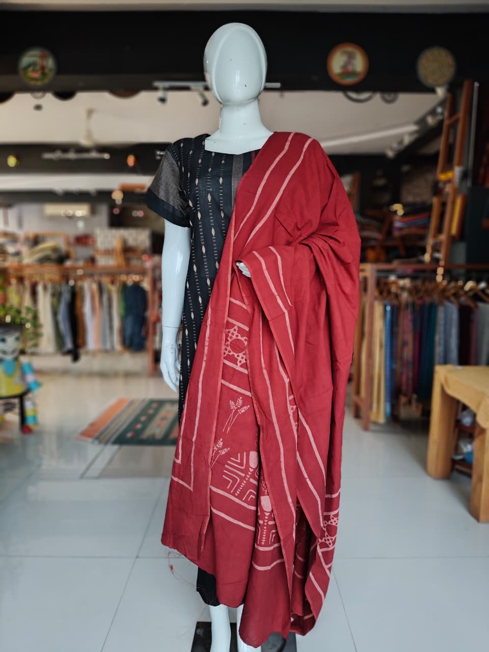 Maroon Ajrakh hand block printed cotton dupatta