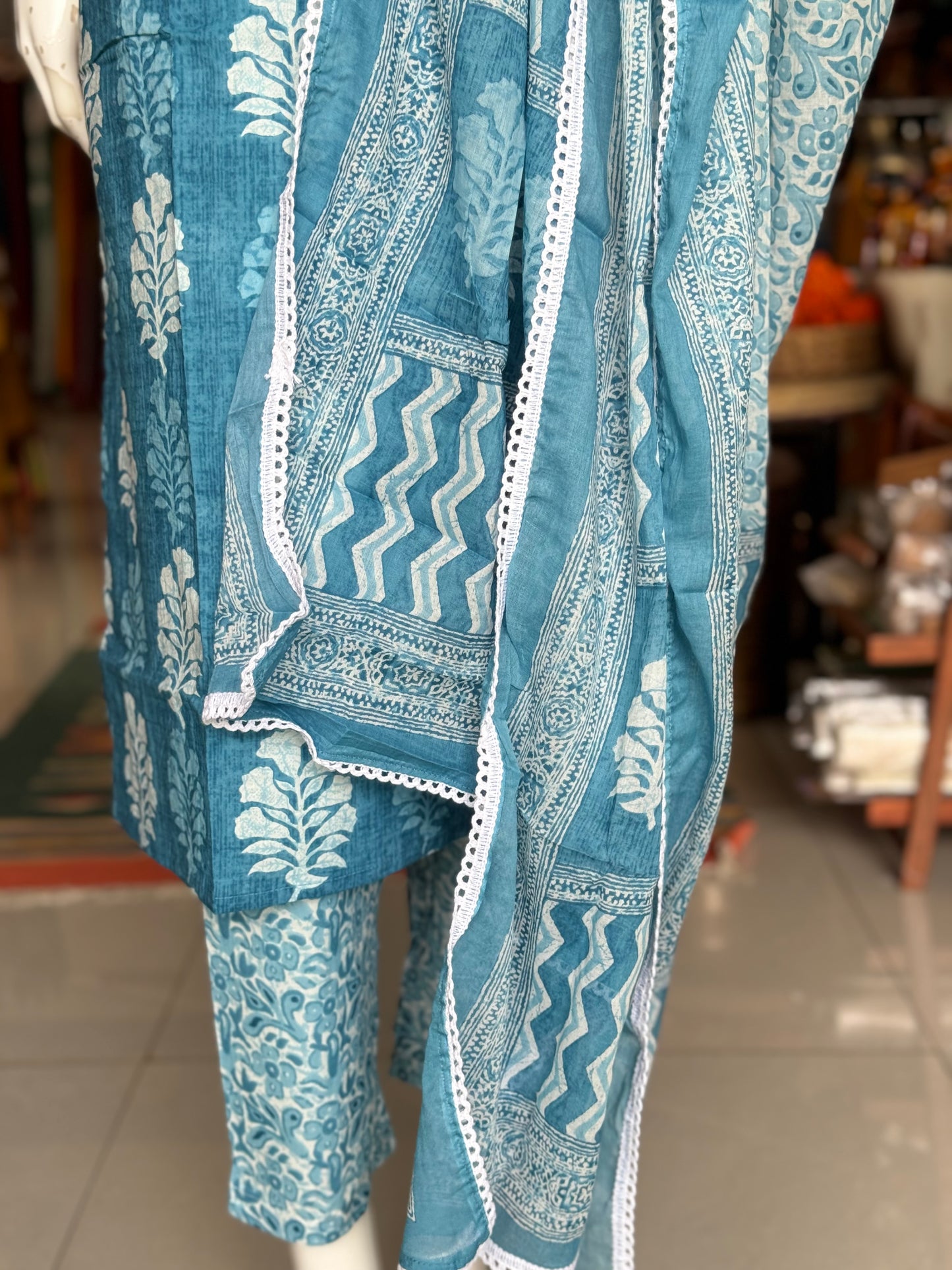 Blue cotton strap sleeves straight Kurti, pants and dupatta with lace border - 3 piece set