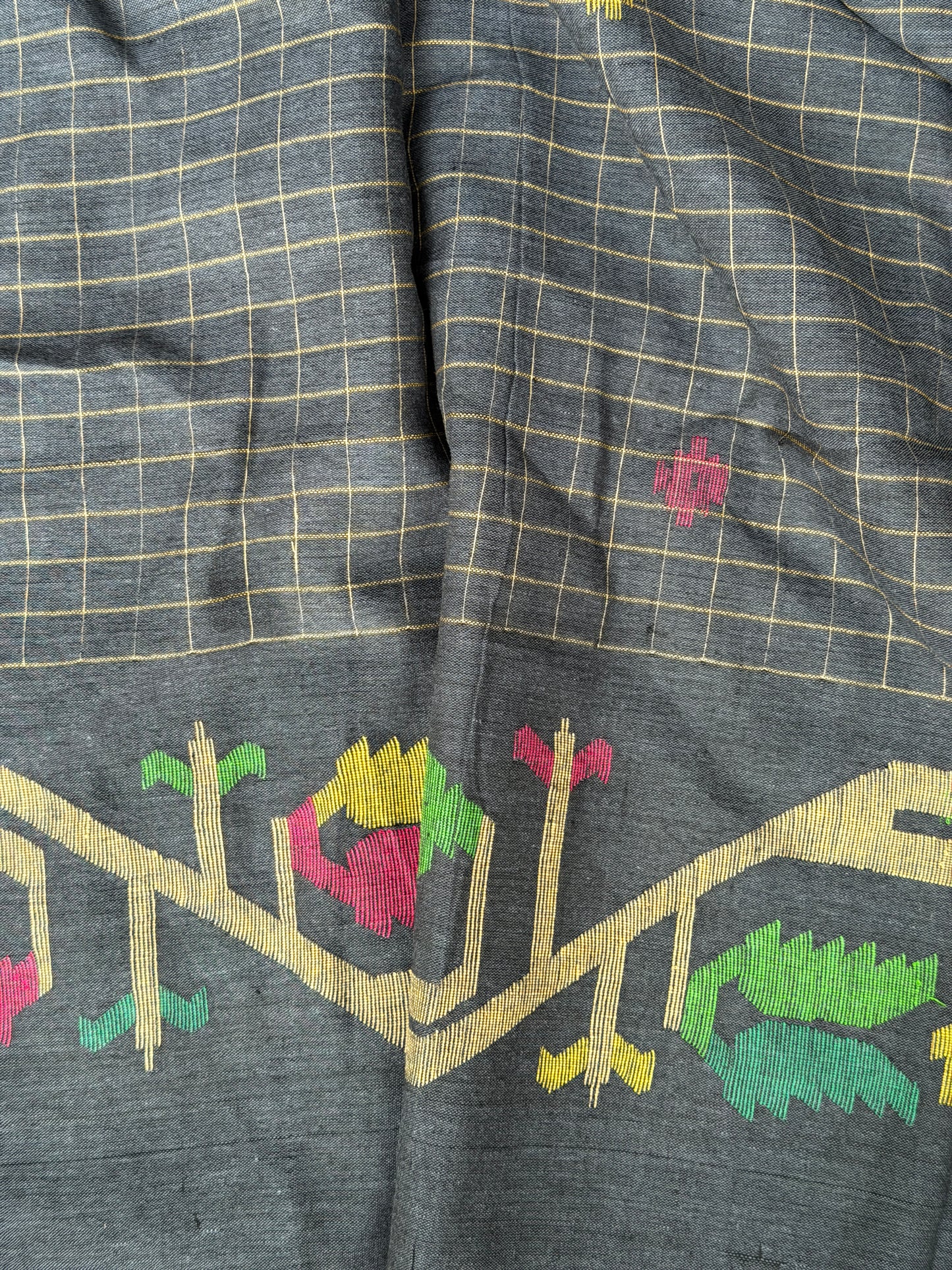 Grey checkered Jamdani soft cotton handloom fabric