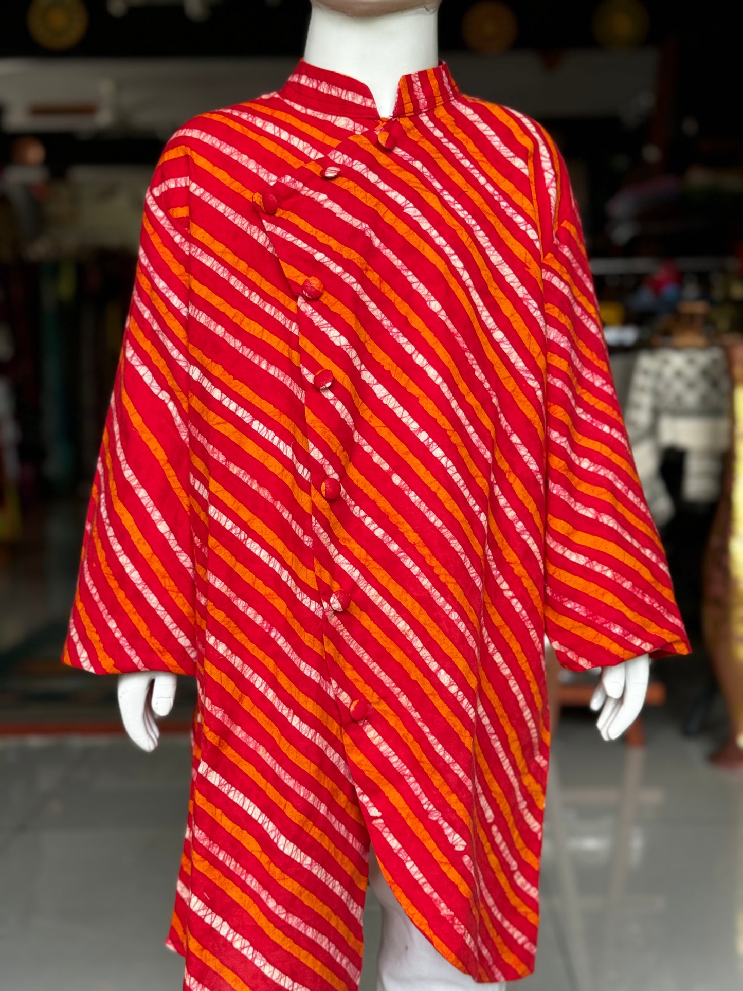 Red batik stripes cotton kurta for boys with asymmetric buttons