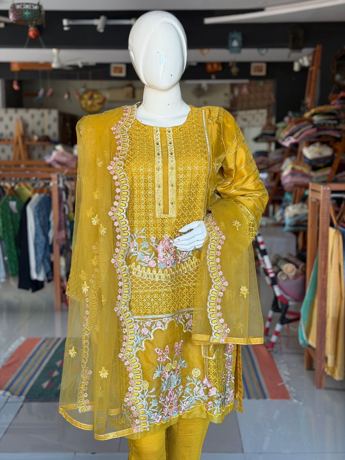 Mustard Yellow organza embroidered short kurti, pants and dupatta - 3 piece set