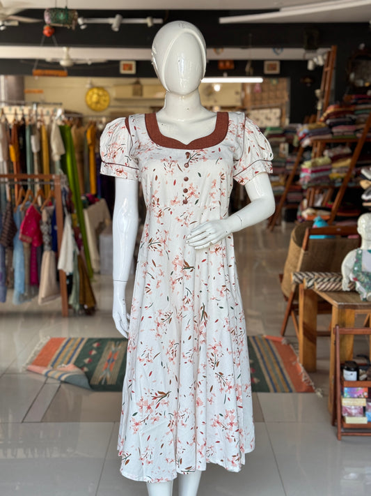 White and brown, hand woven, printed cotton retro look dress with brown contrast detailing