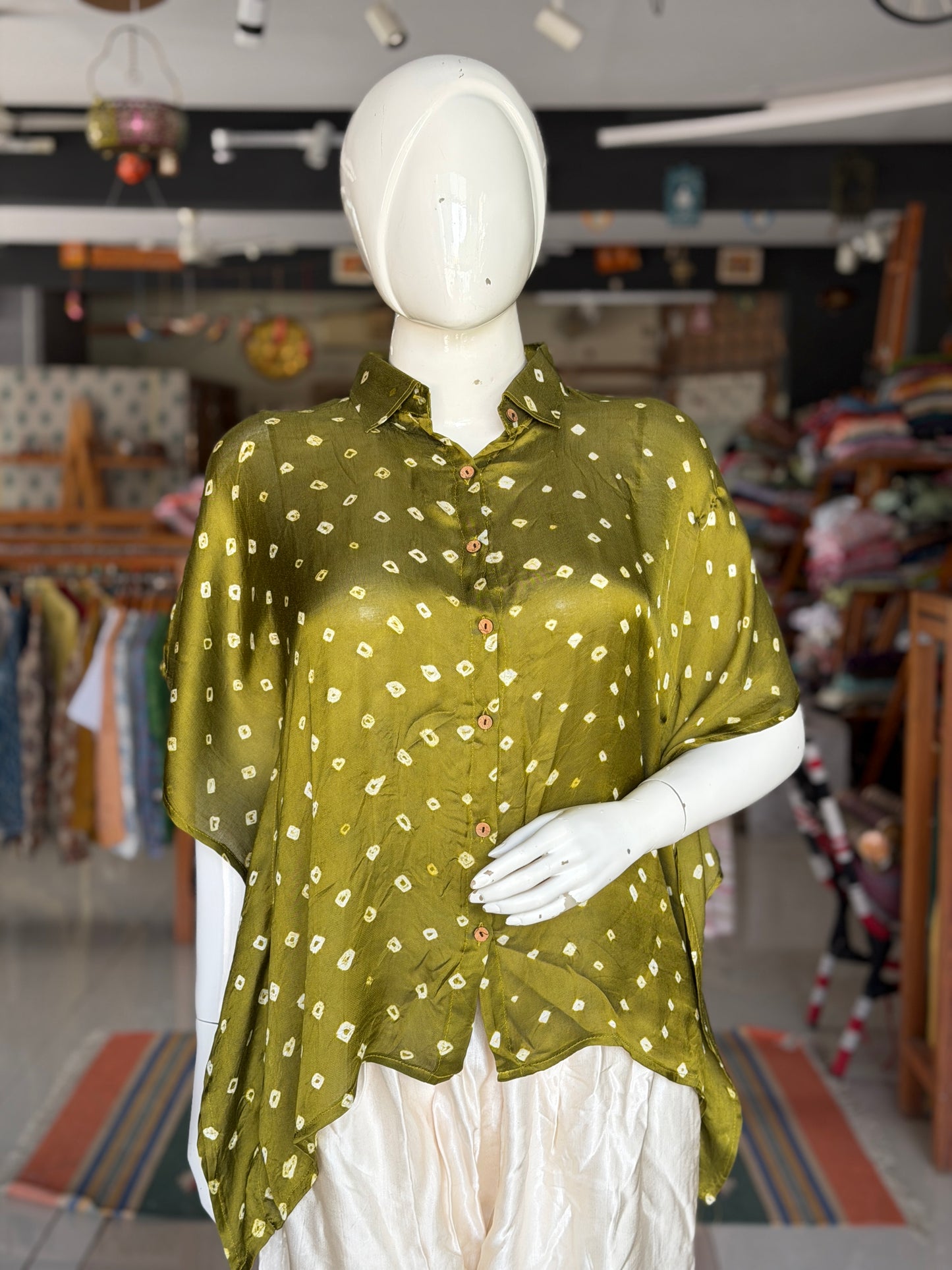 Olive green hand tie n dye bandini modal free size kaftan shirt