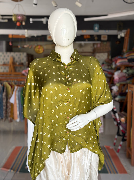 Olive green hand tie n dye bandini modal free size kaftan shirt