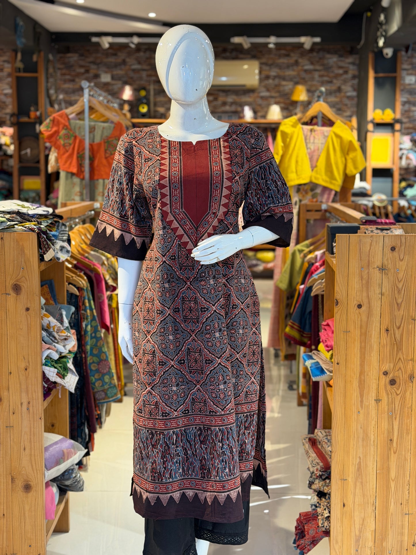 Maroon Ajrakh hand block printed cotton straight kurti with yoke design