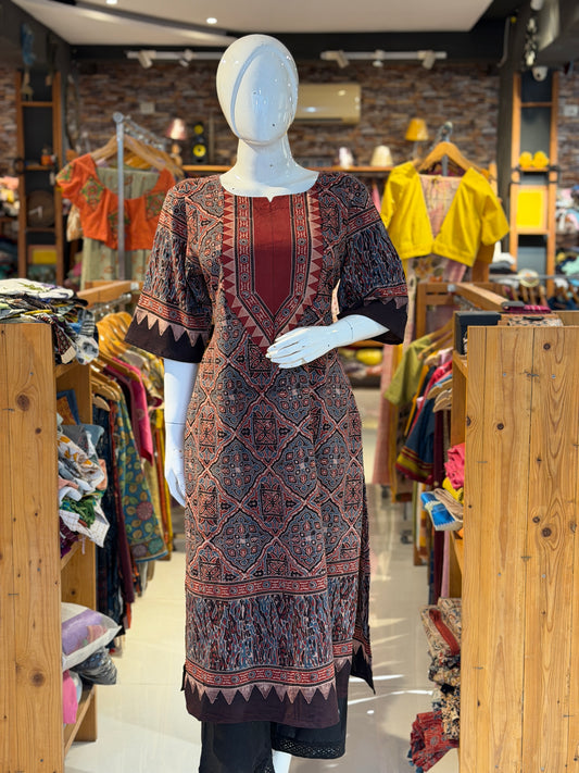 Maroon Ajrakh hand block printed cotton straight kurti with yoke design