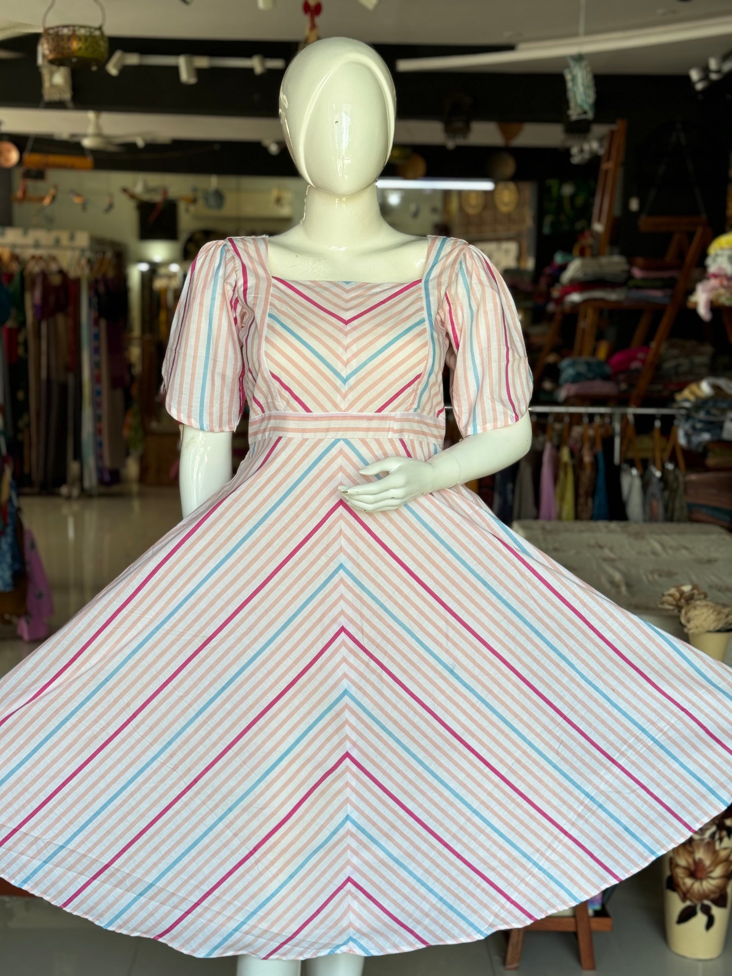 Colourful stripes on white soft cotton square neck dress with petal sleeves