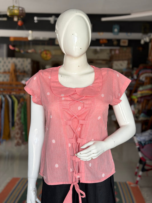 Peach Jamdani Peter Pan collared handloom cotton top with front adjustable ties