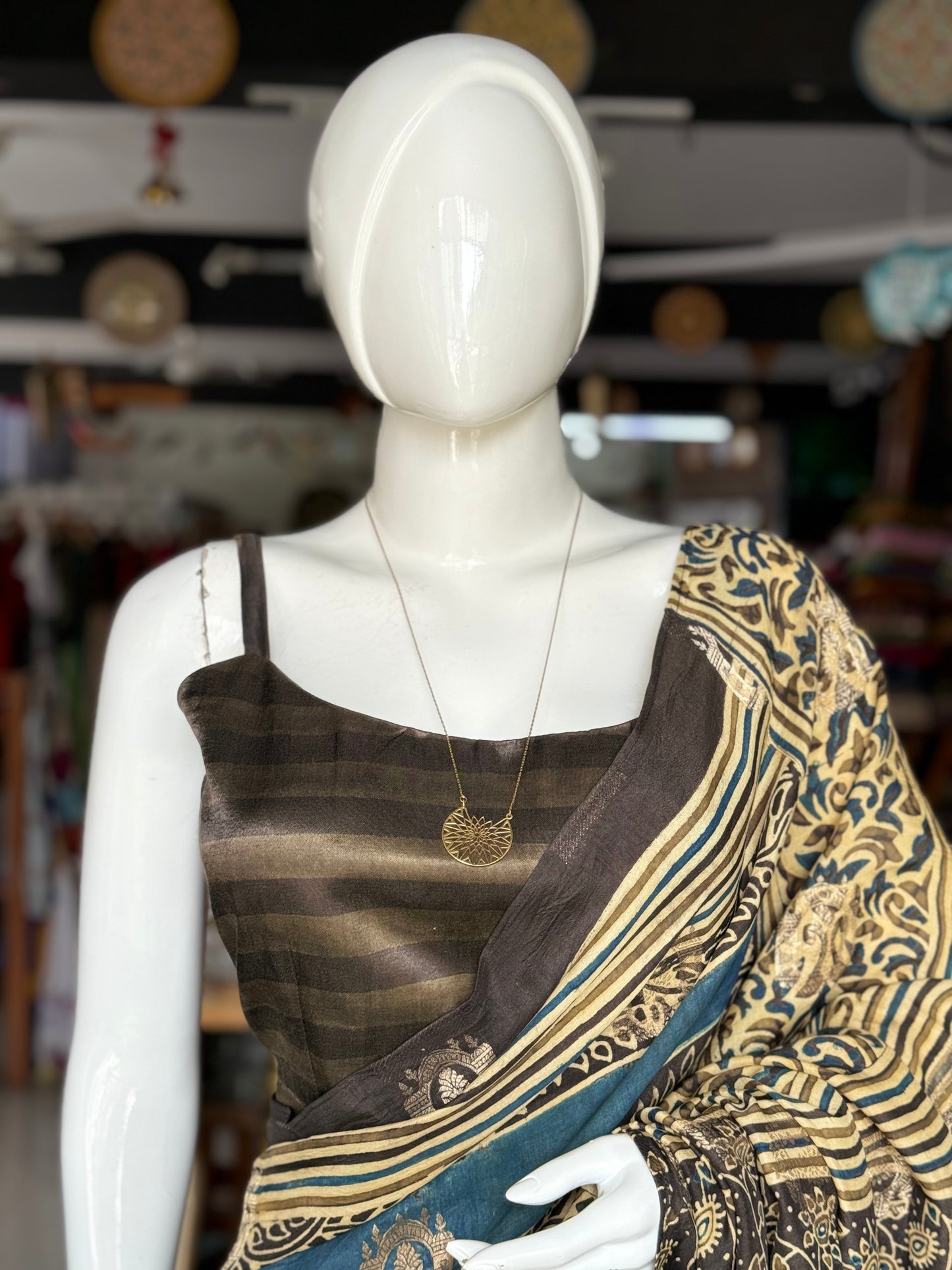 Green and black hand block printed stripes Ajrakh mashru back open sleeveless strappy blouse