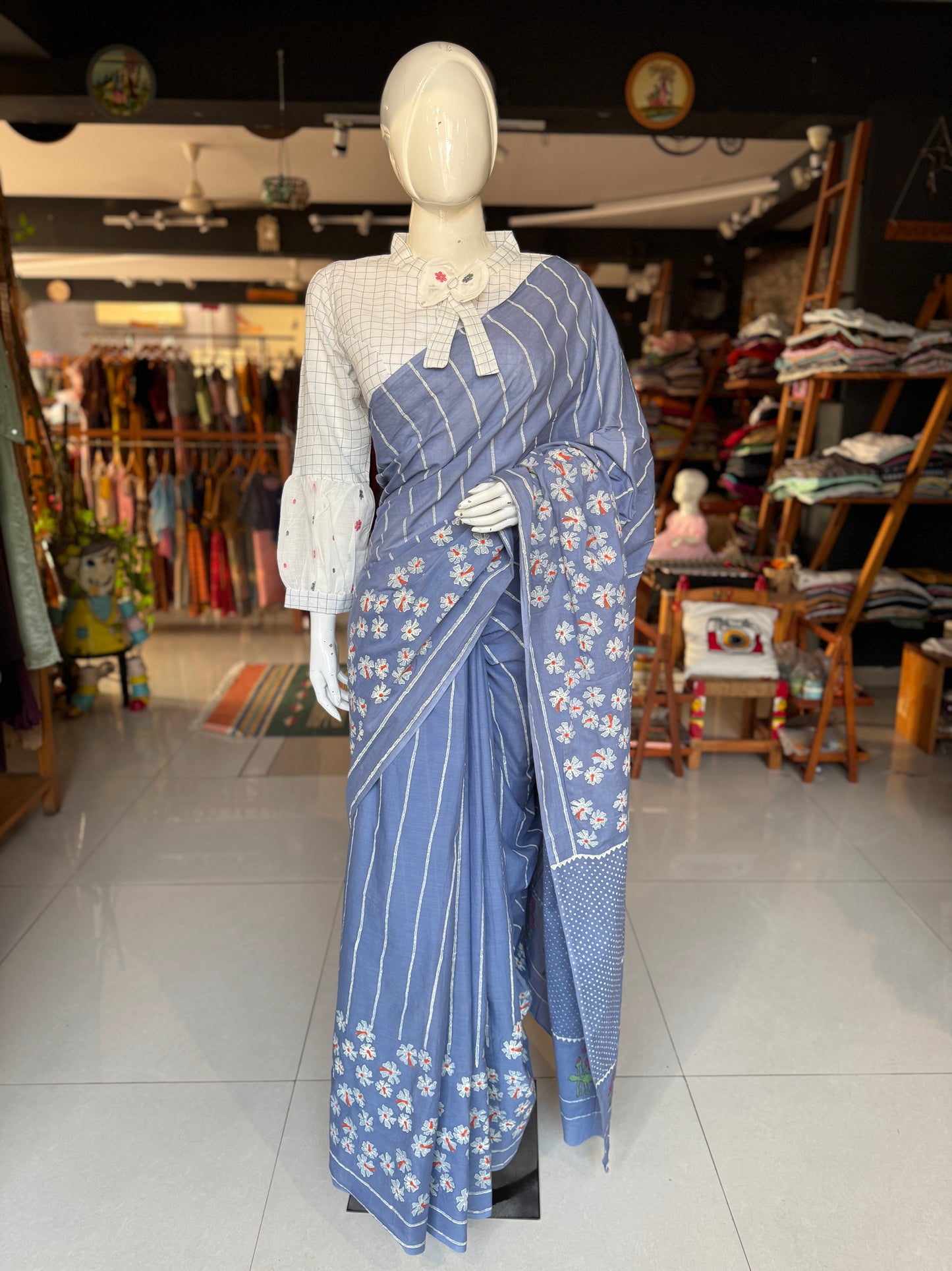 Parijat - the sacred flower - hand block printed light blue cotton saree