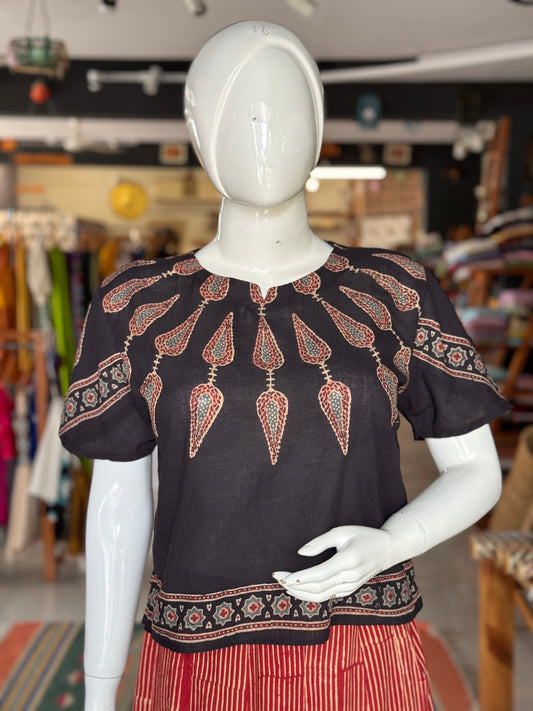 Black cotton Ajrakh hand block printed top