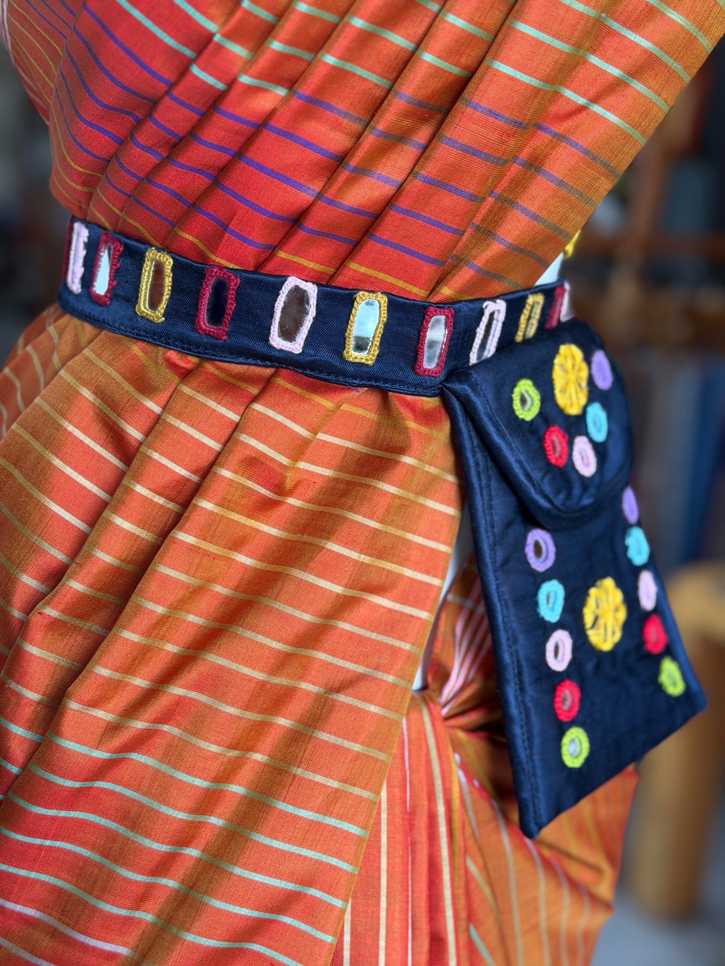 Mashru belt with attached phone pouch - hand embroidered mirror work