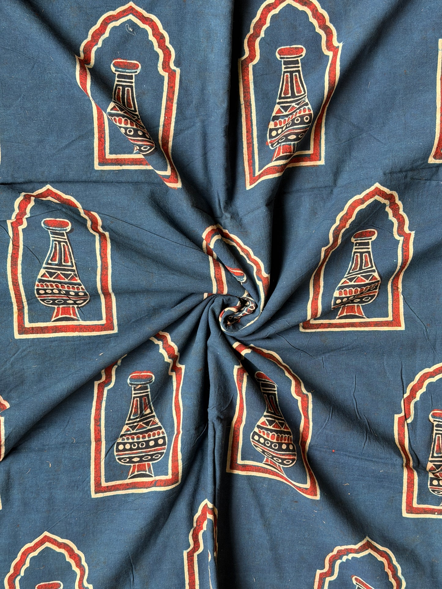Indigo cotton fabric with vase / pot Ajrakh hand block prints
