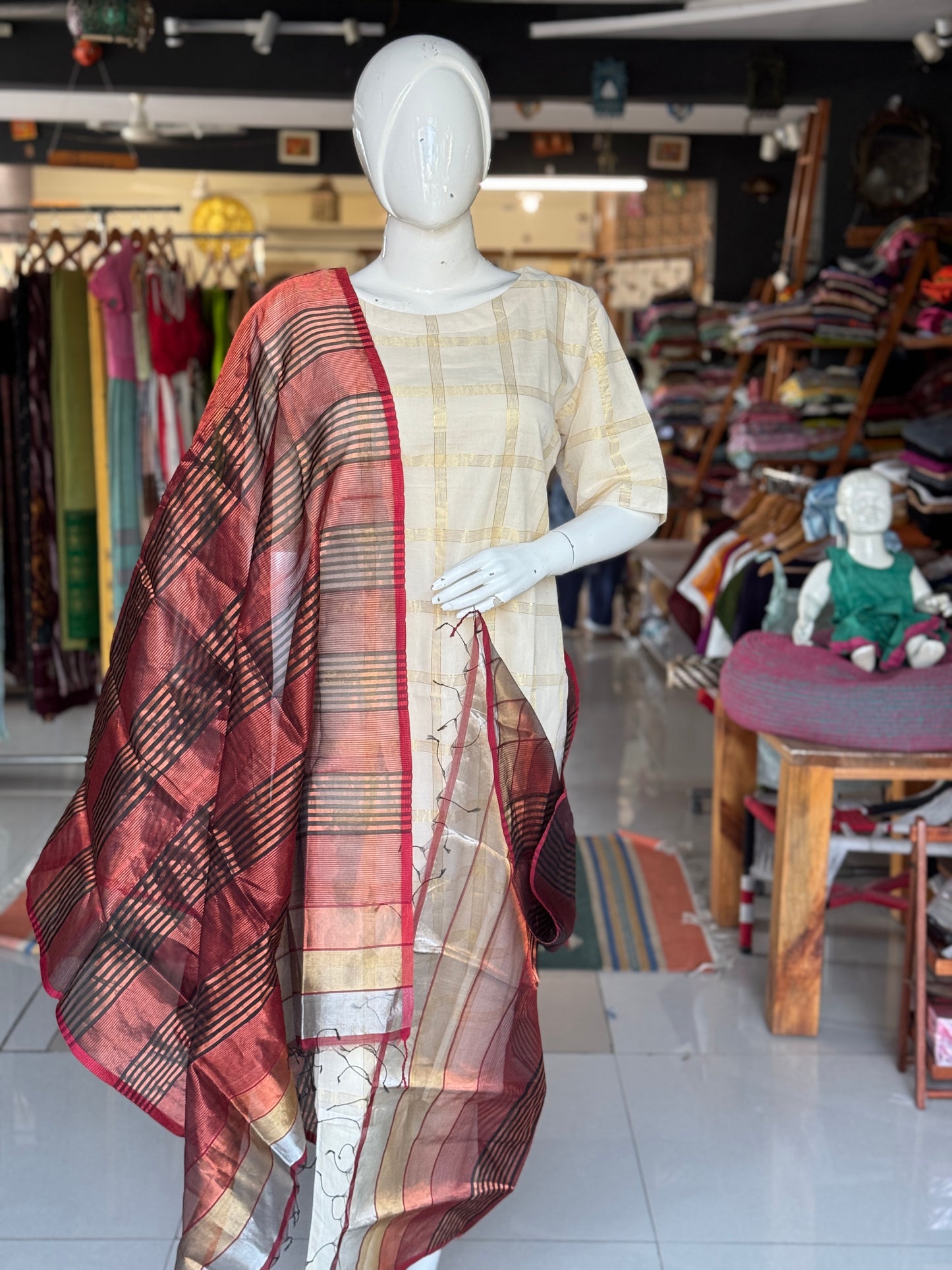 Maroon, black and gold stripes handloom silk cotton dupatta - copper zari