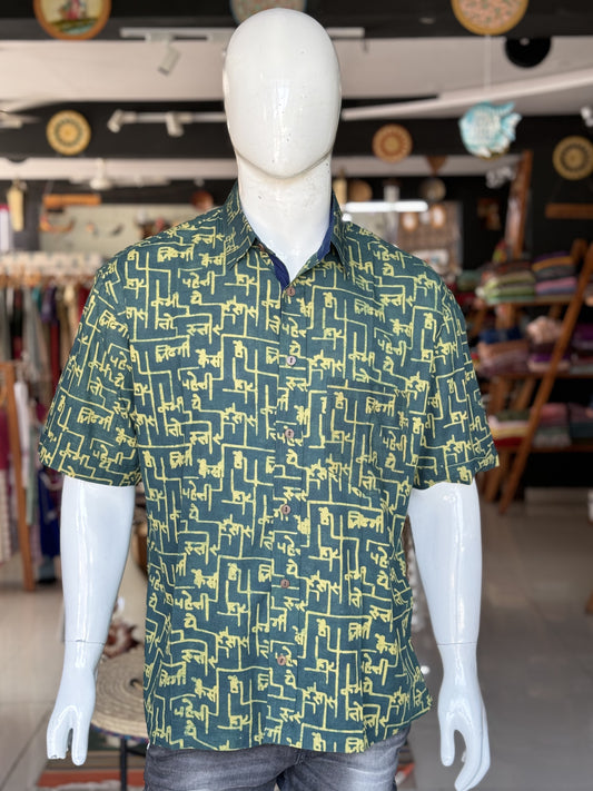 Green maze print half sleeves mens natural dye, hand block printed cotton shirt