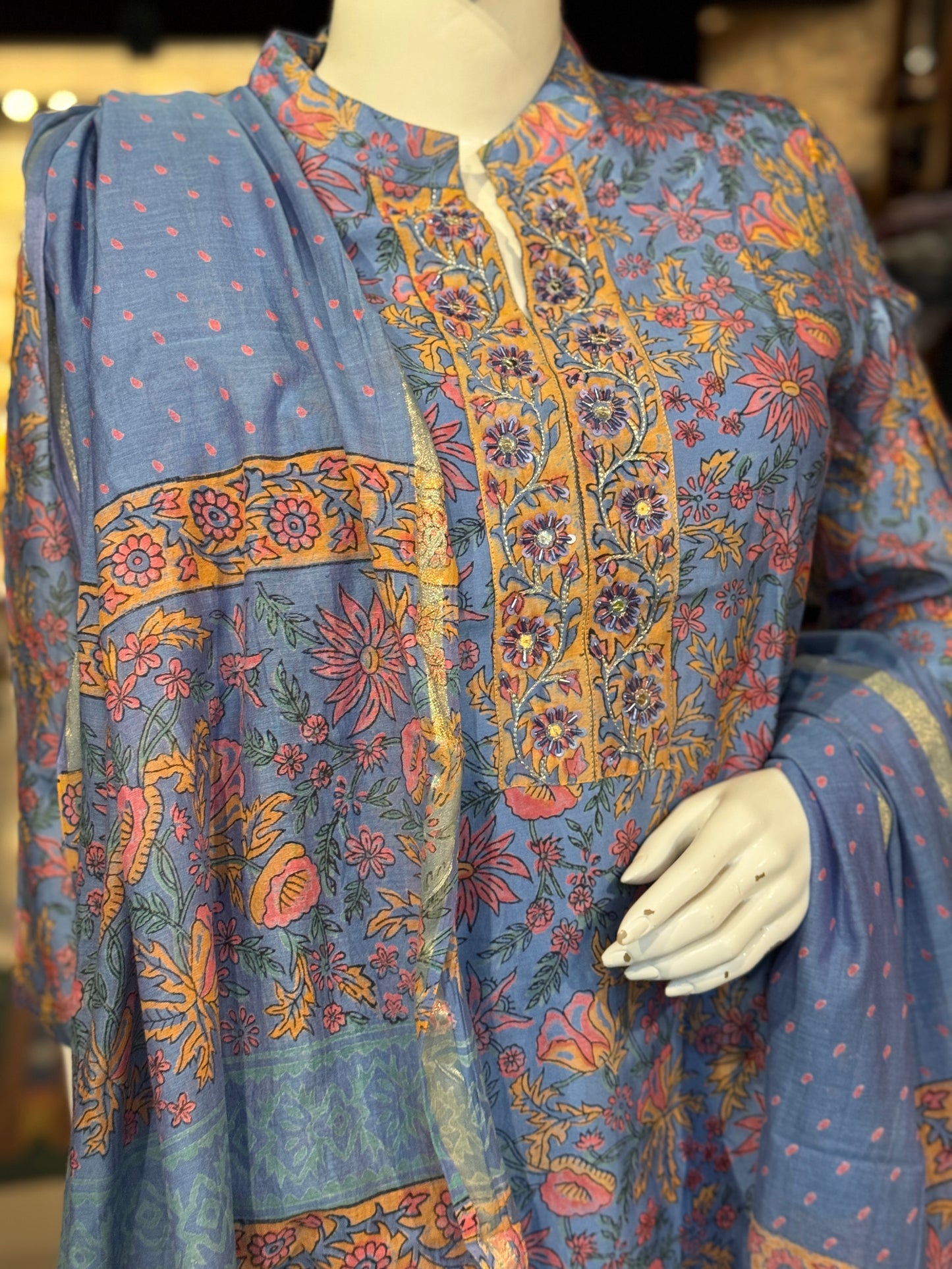 Sky blue hand block print chanderi hand embroidered straight collared kurti, pants and dupatta - 3 piece suit set