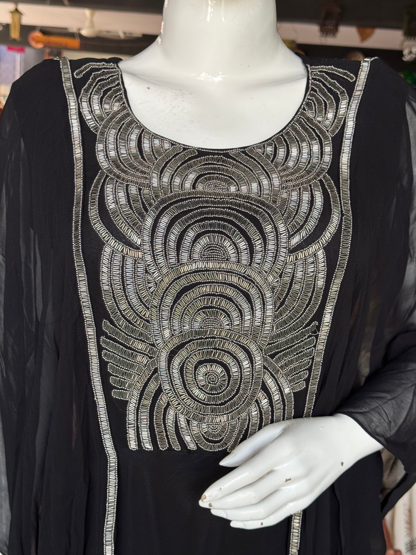 Georgette dress with attached drape and heavy front embroidery - party outfit