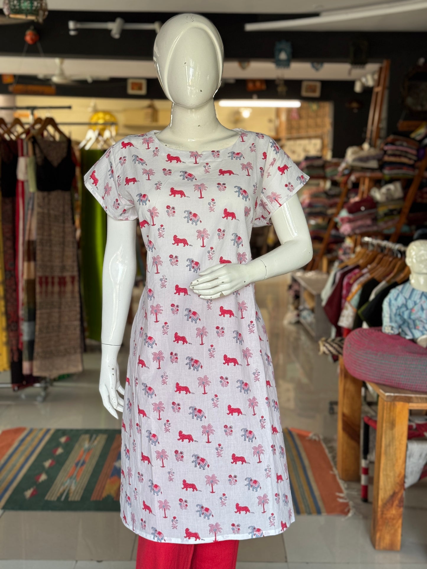 White forest theme hand block printed soft cotton straight kurti