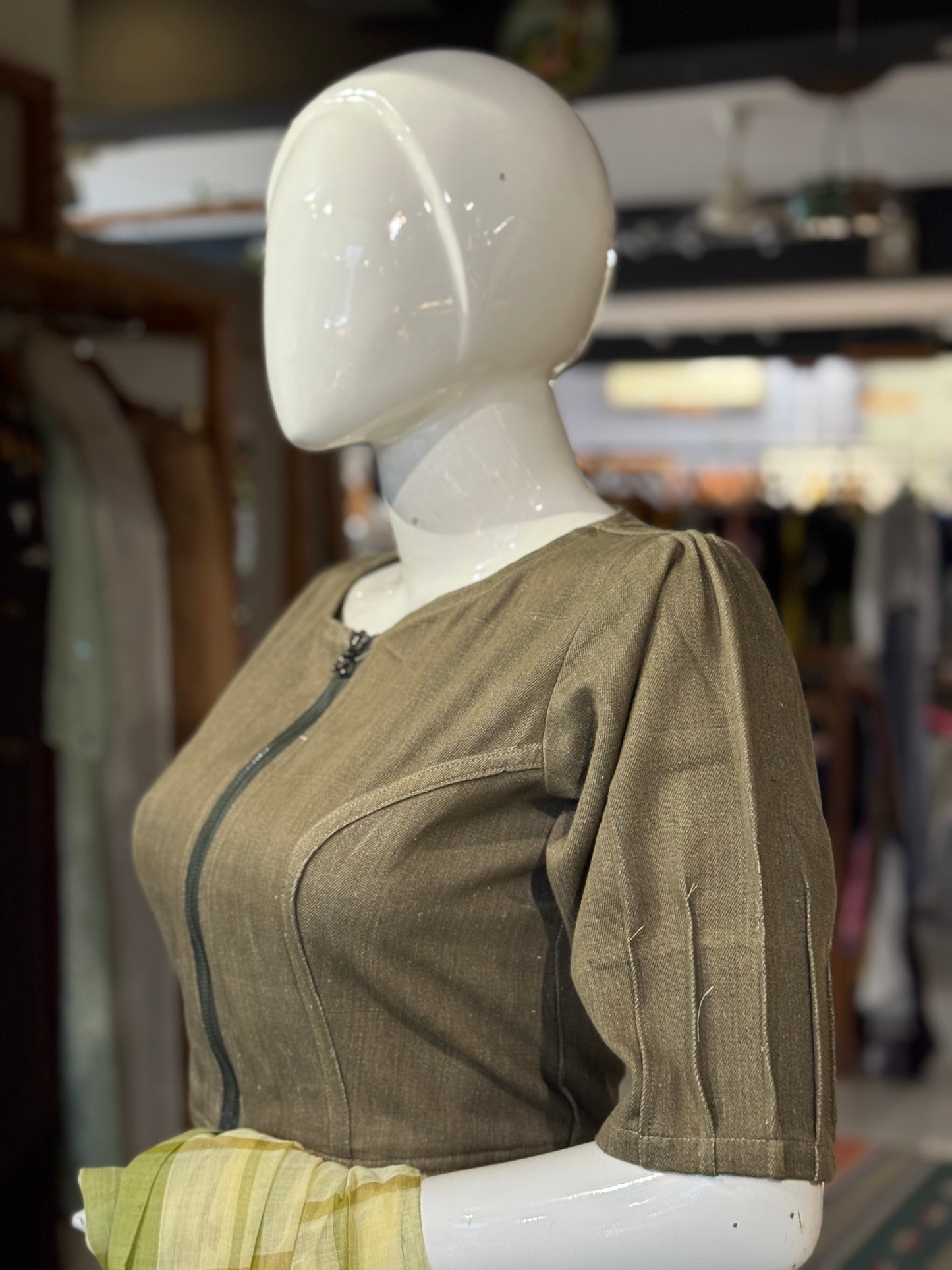 Green denim jacket zipper blouse - hand woven, natural dyed denim with zipper, wear it like a blouse, crop top or a jacket