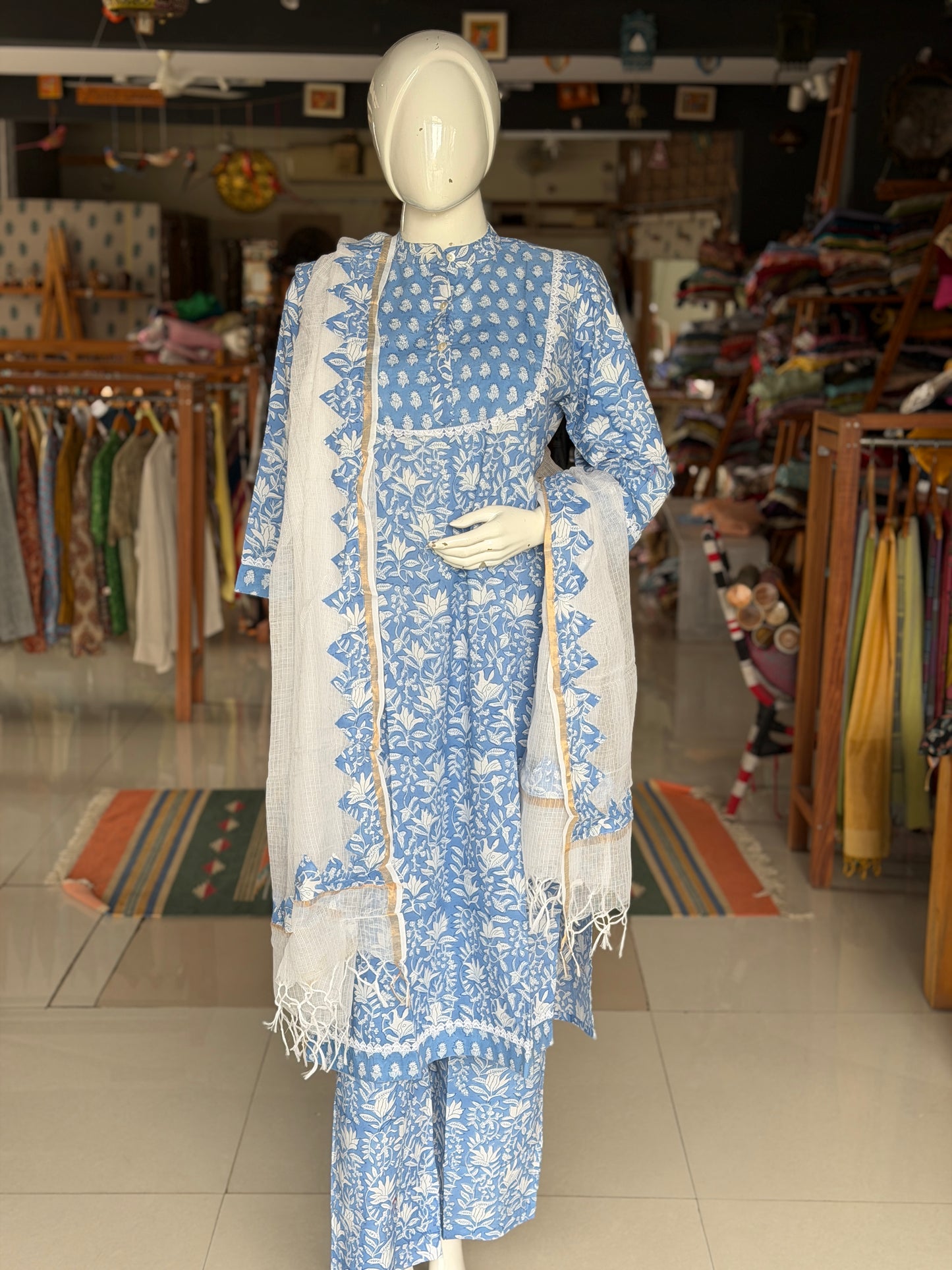 Blue floral hand block print flared kurti, pants and dupatta - 3 piece set with kota patch with dupatta