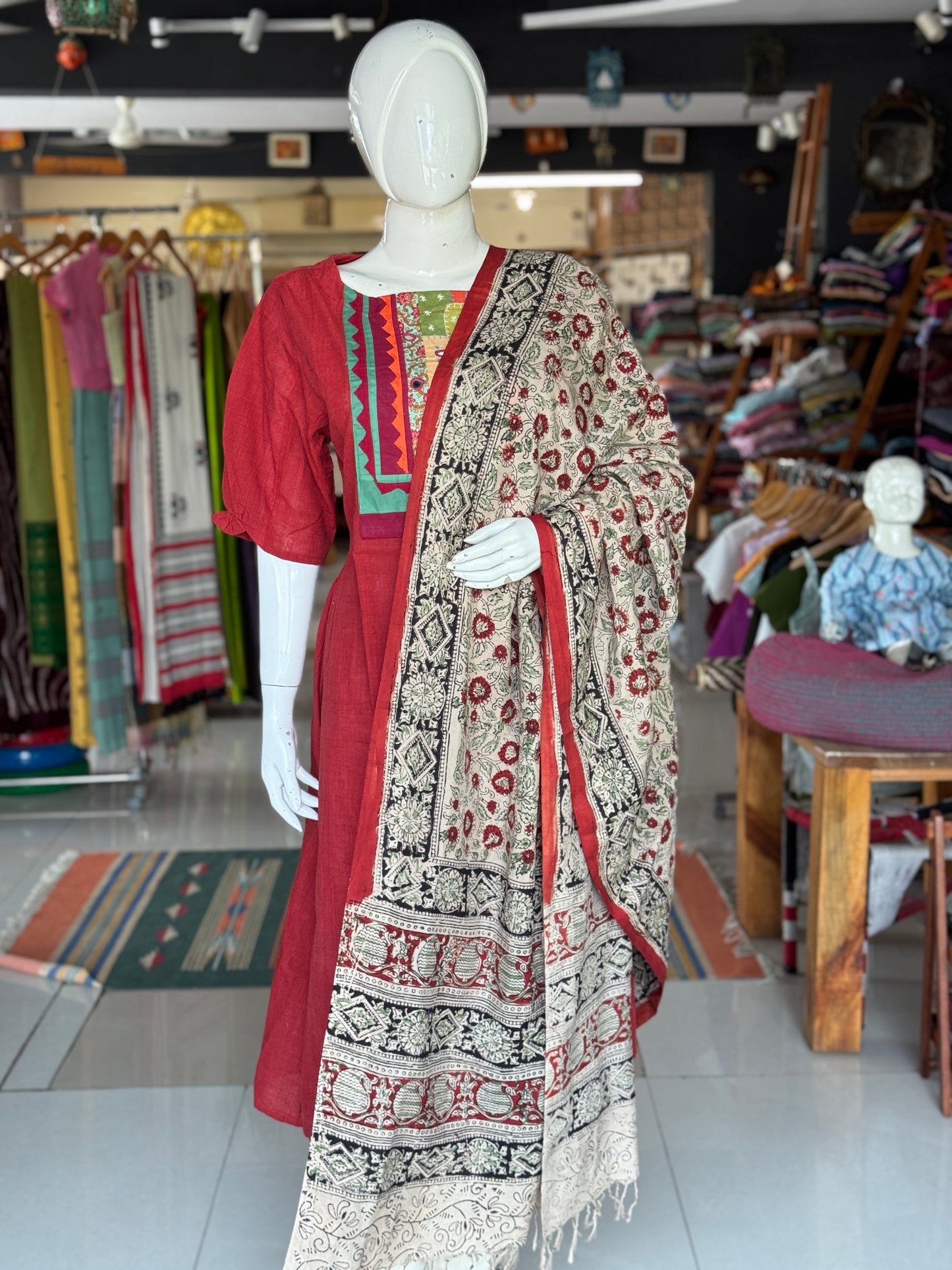Beige with red floral design Kalamkari hand block printed art silk dupatta