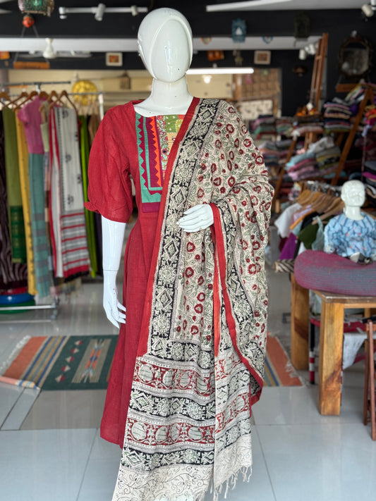 Beige with red floral design Kalamkari hand block printed art silk dupatta