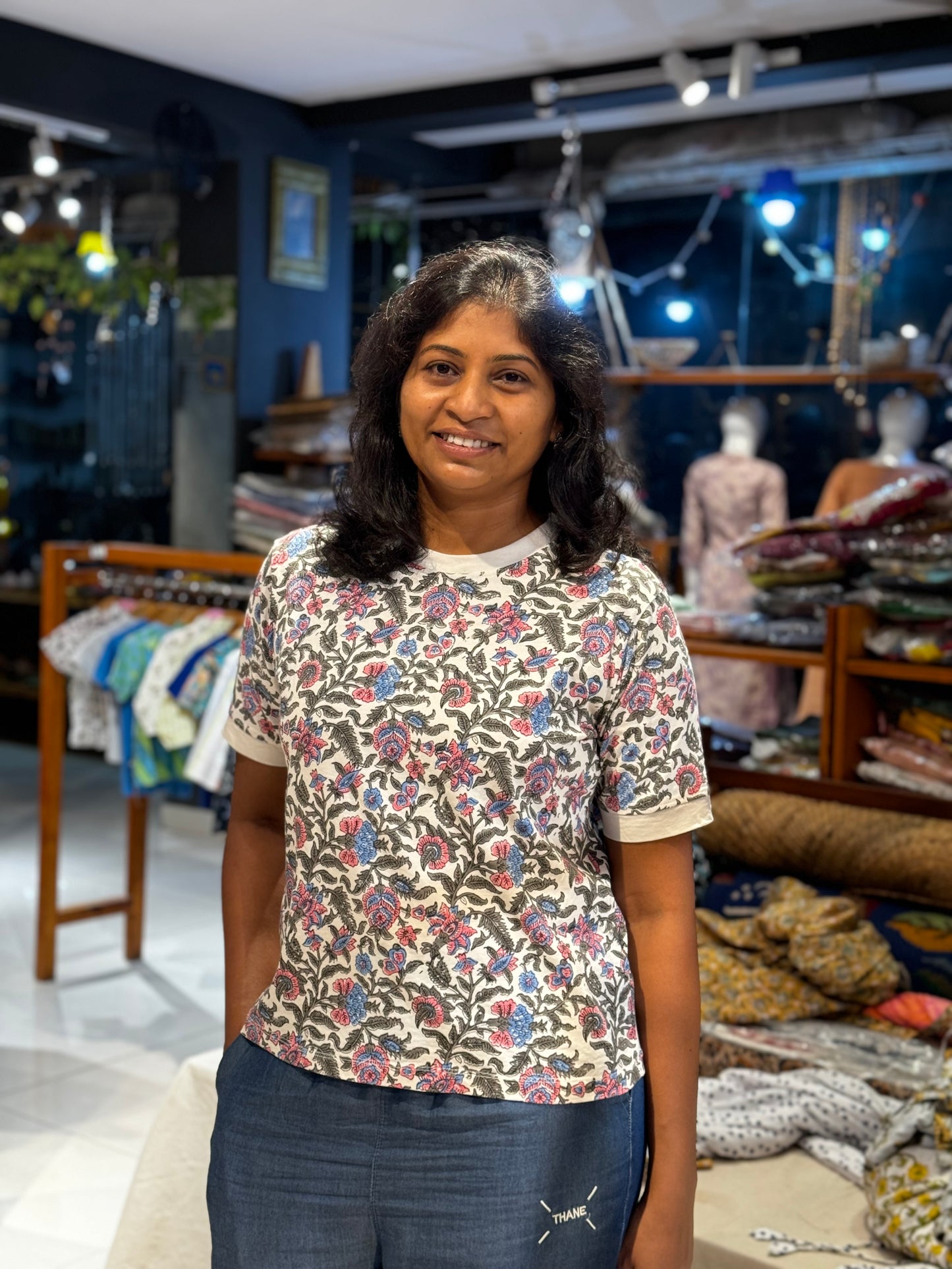 White Jaipuri floral hand block printed cotton tshirt for women