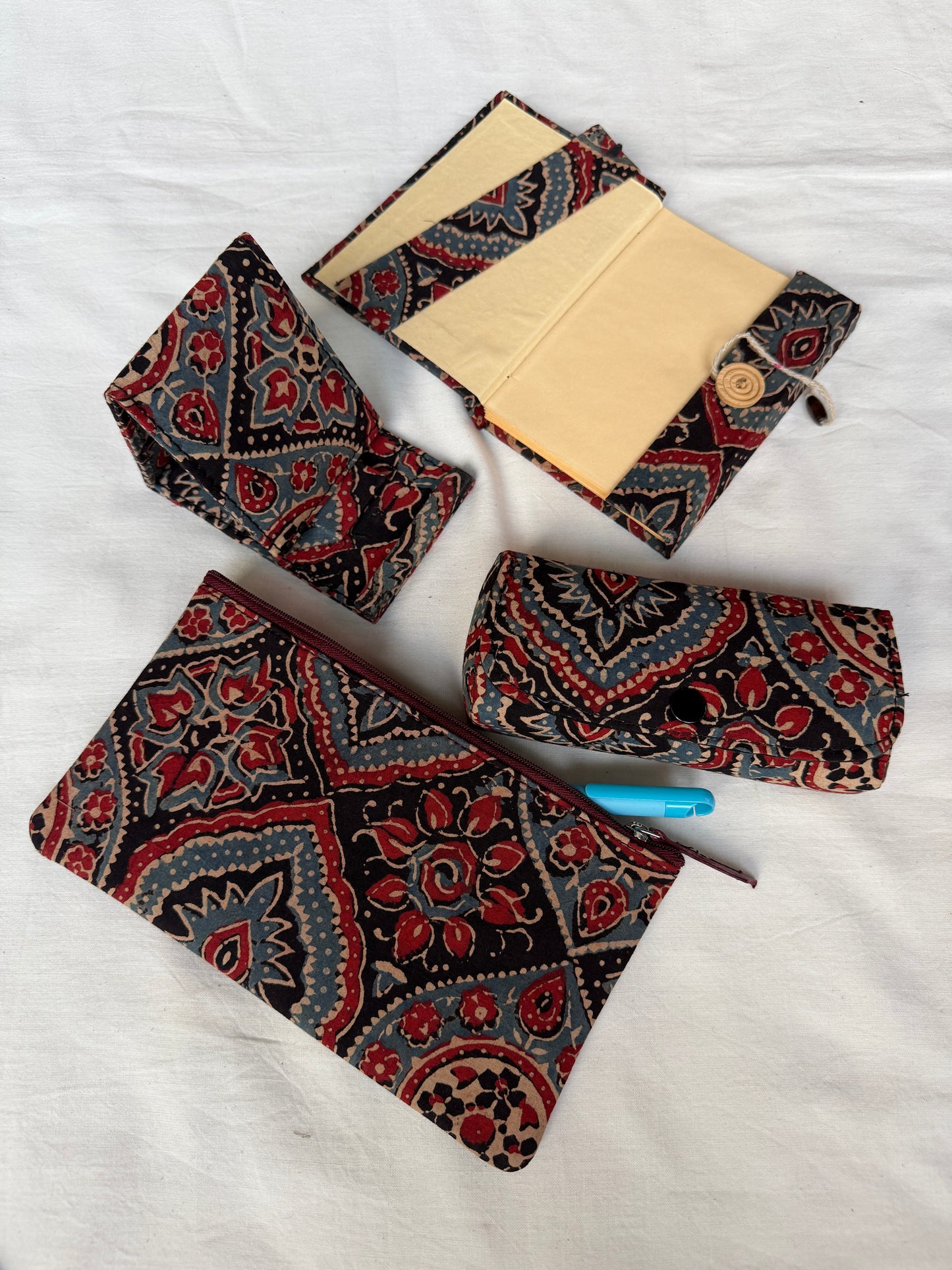 Gift set - small fabric covered notebook, bookmark, mobile phone holder, utility zippered pouch, spects / goggles case - handcrafted 5 piece gift set