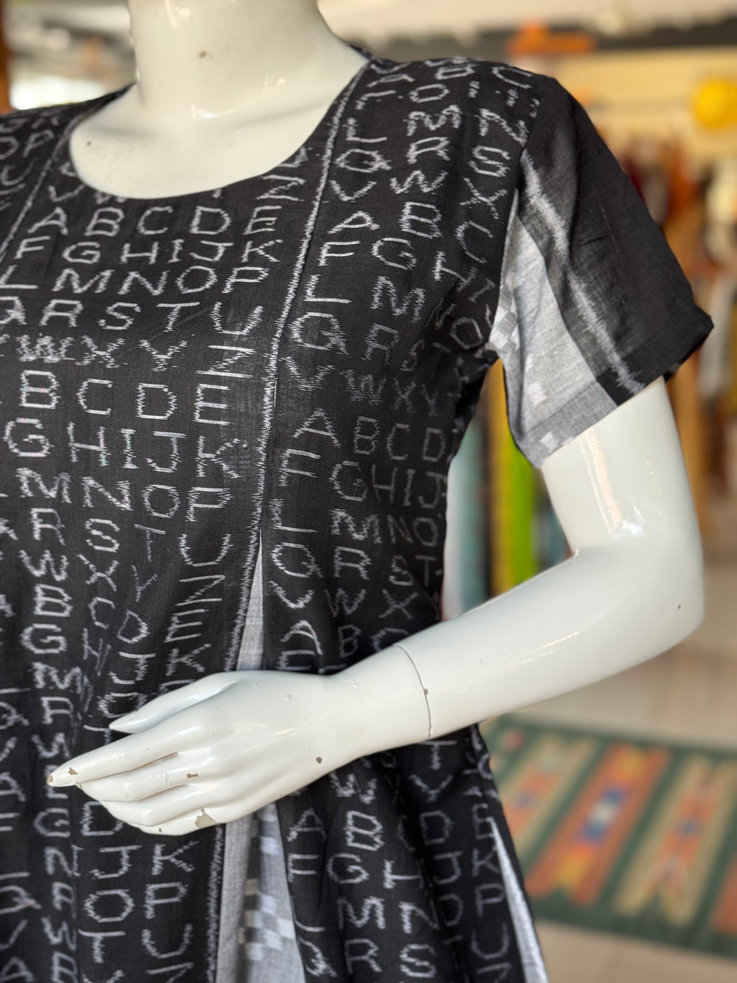 Alphabet design handcrafted ikat cotton handloom top - black and grey, pleated top