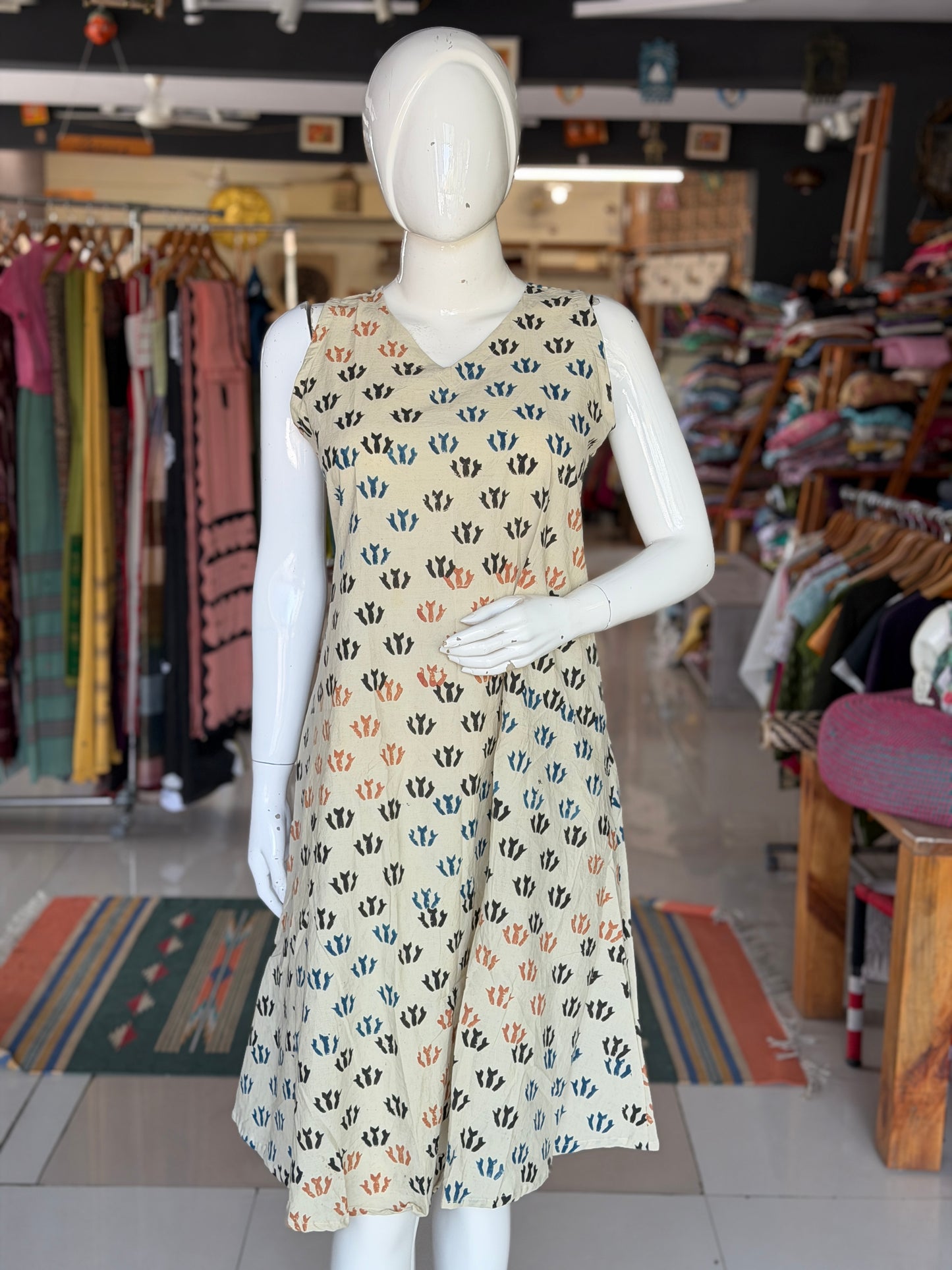 V-neck A-line hand block printed cotton sleeveless dress / Kurti