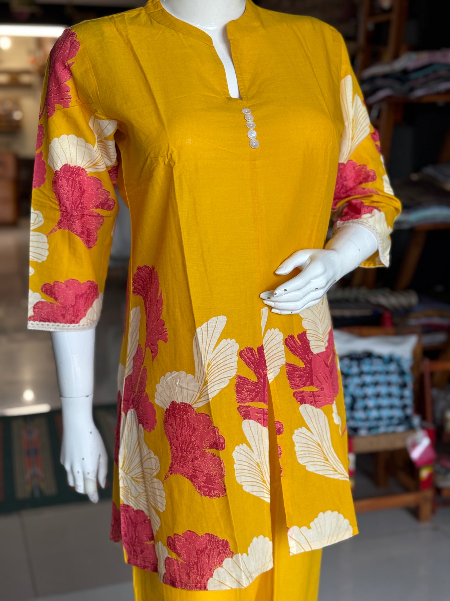 Yellow with pink floral print band collared cotton top with long sleeves and pants - coord set