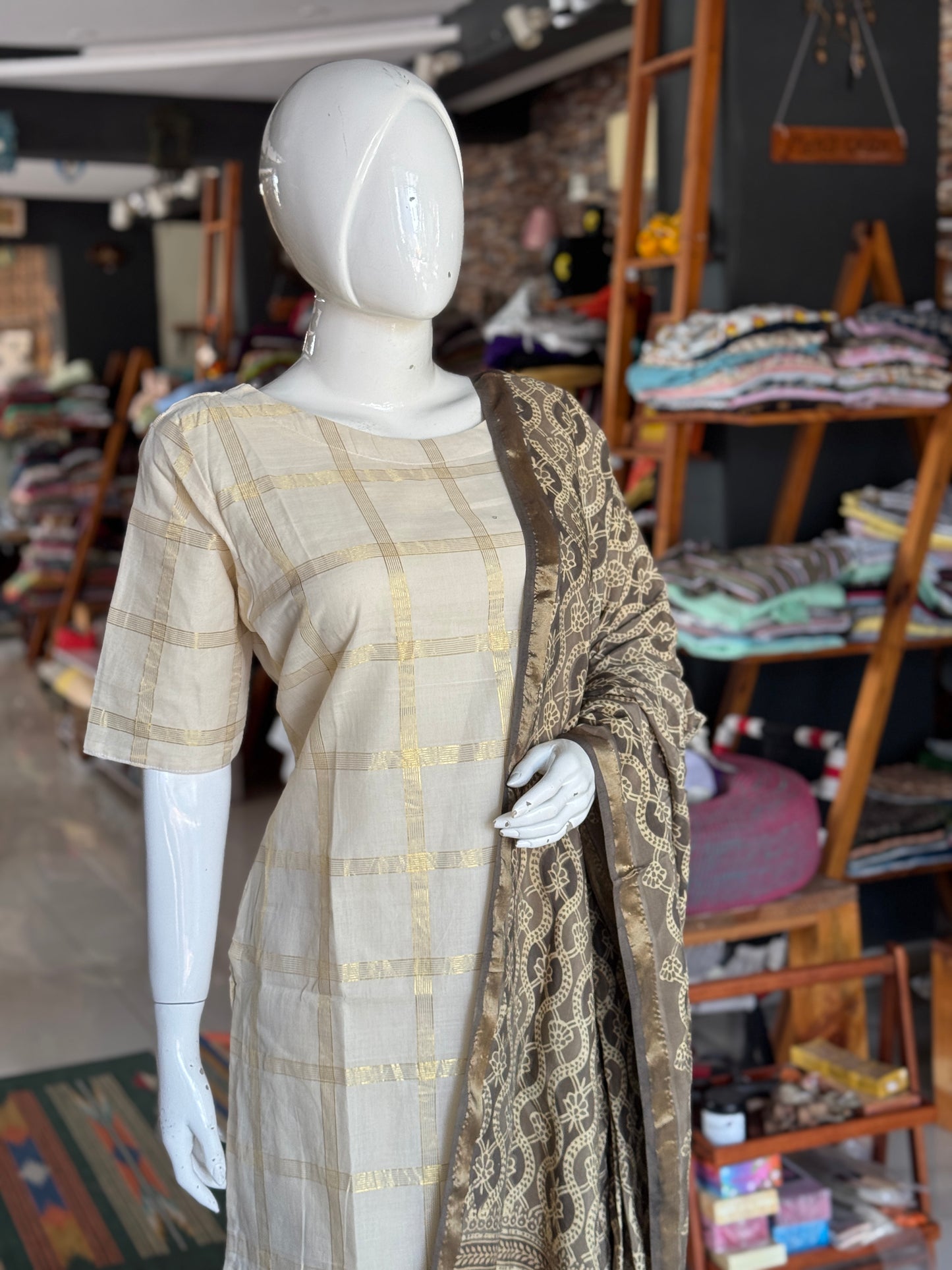 Off white cotton Venkatagiri handloom kurti with Golden Zari checks