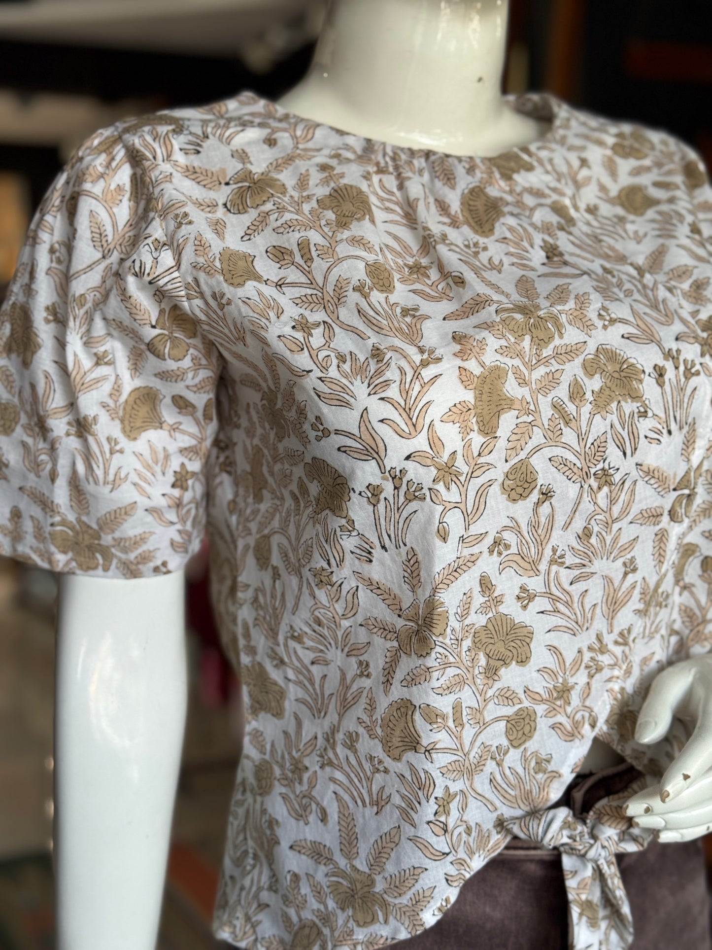 White and brown hand block printed cotton top with curved front